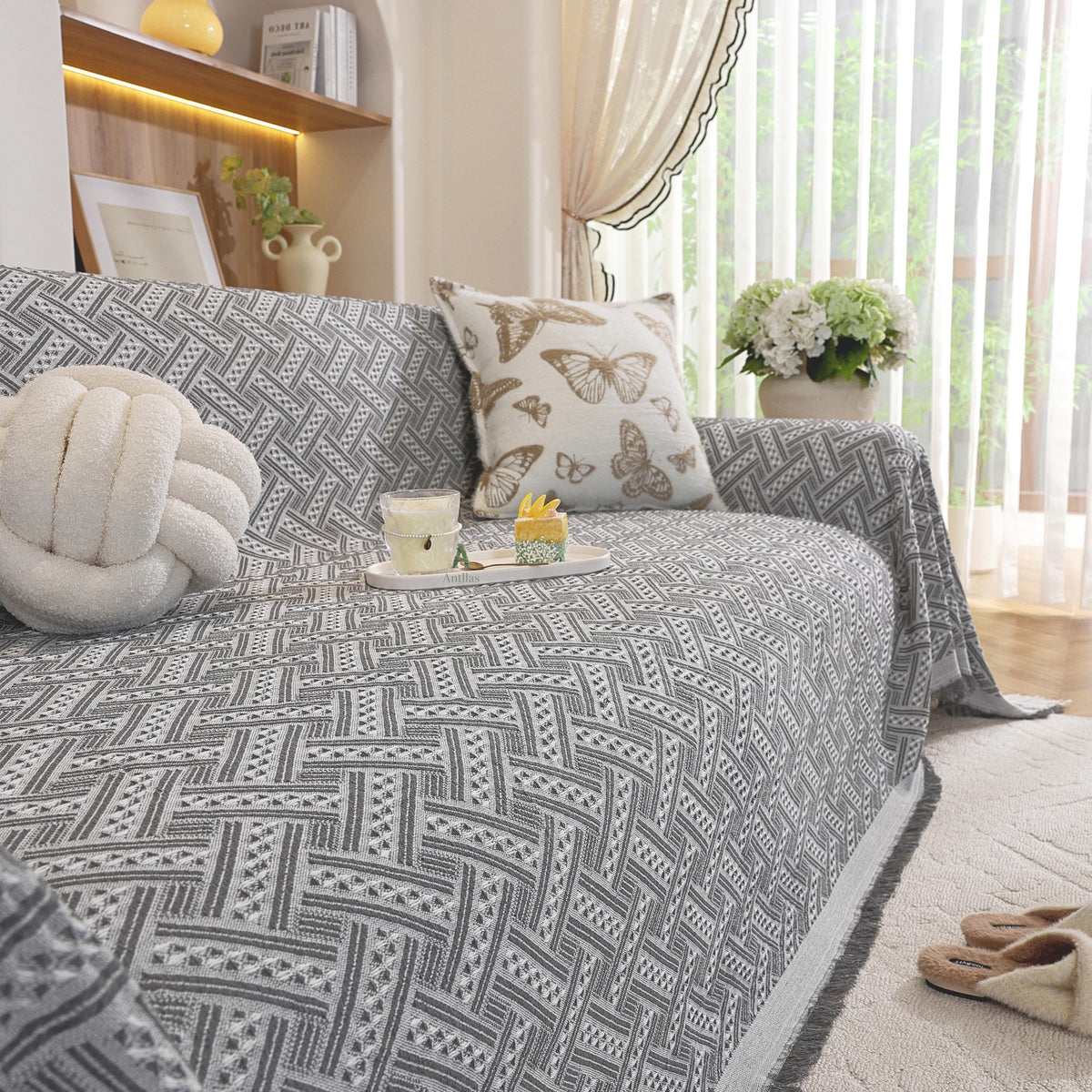 Geometric Cotton Sofa Cover, Woven Sectional Throw, Washable Slipcover, Pet Friendly Protector