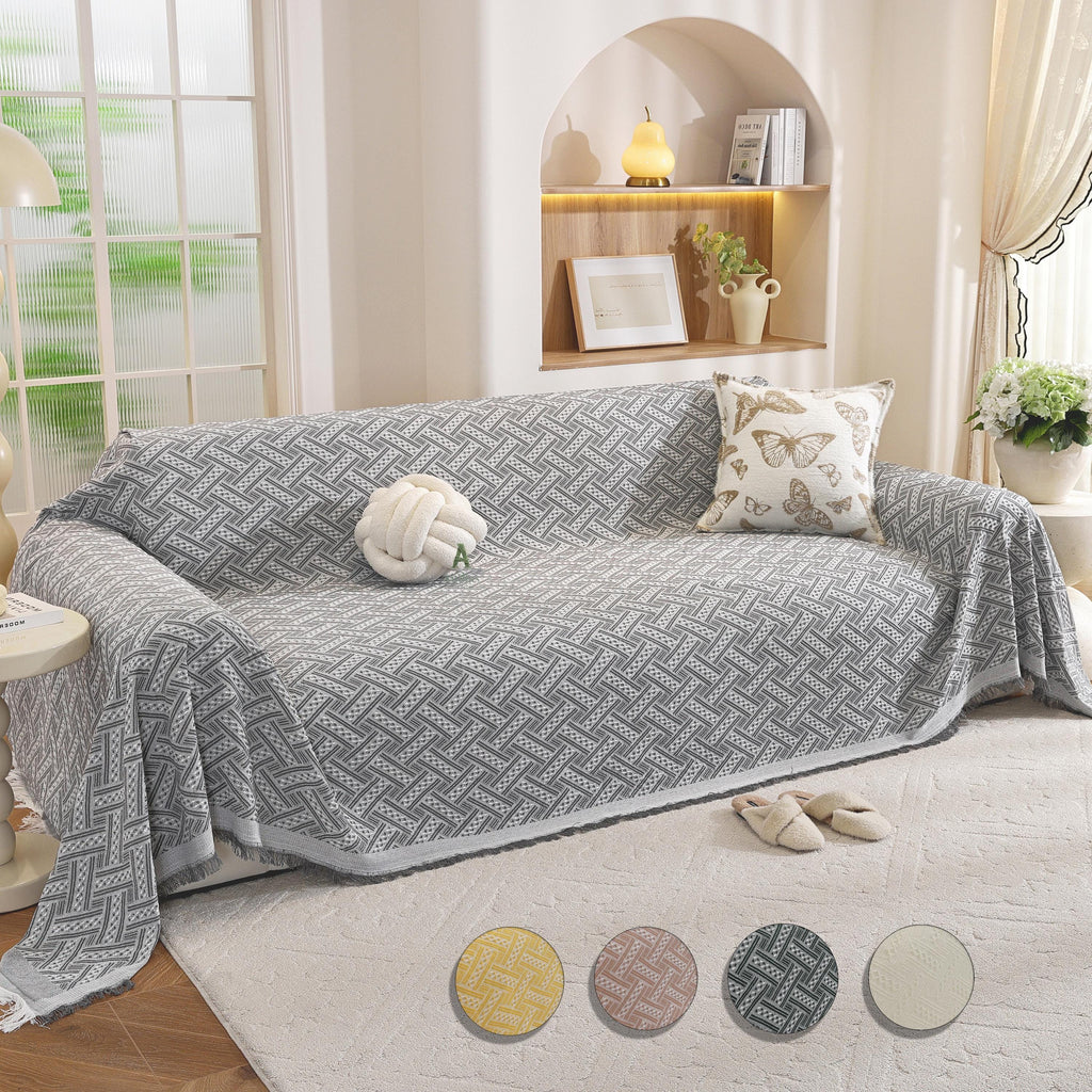 Geometric Cotton Sofa Cover, Woven Sectional Throw, Washable Slipcover, Pet Friendly Protector