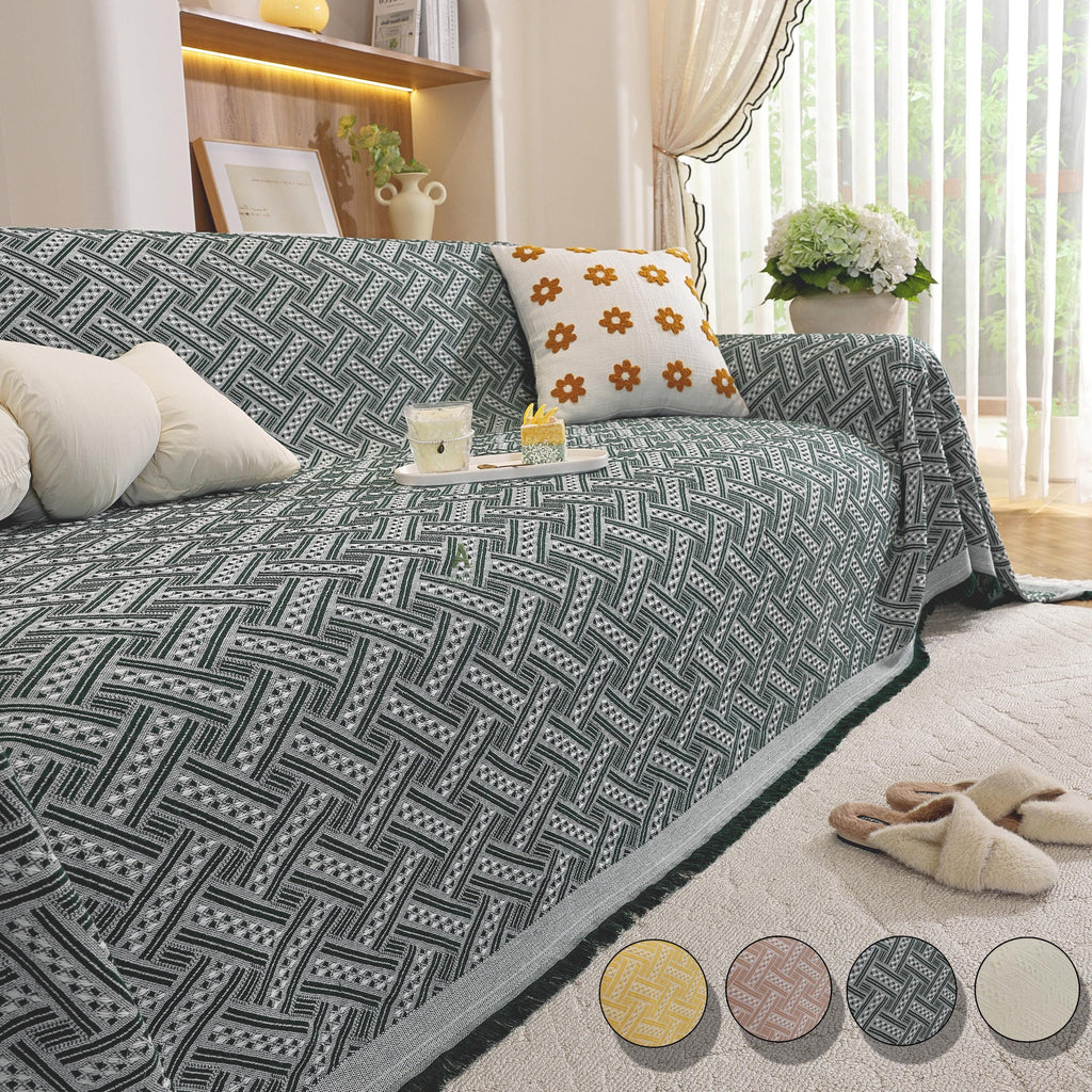 Geometric Cotton Sofa Cover, Woven Sectional Throw, Washable Slipcover, Pet Friendly Protector
