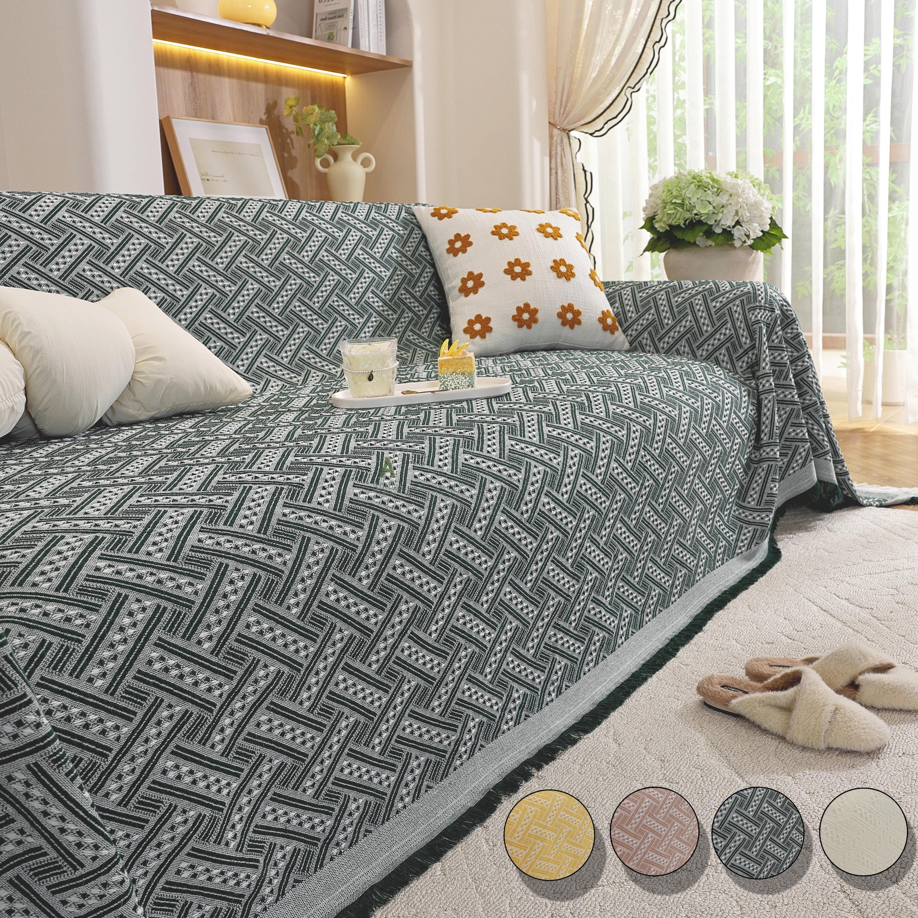 Geometric Cotton Sofa Cover, Woven Sectional Throw, Washable Slipcover, Pet Friendly Protector