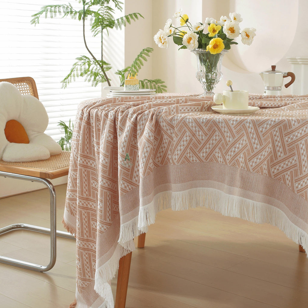 Woven Cotton Tablecloth, Rustic Farmhouse Table Cover, Rectangular Dining Cover