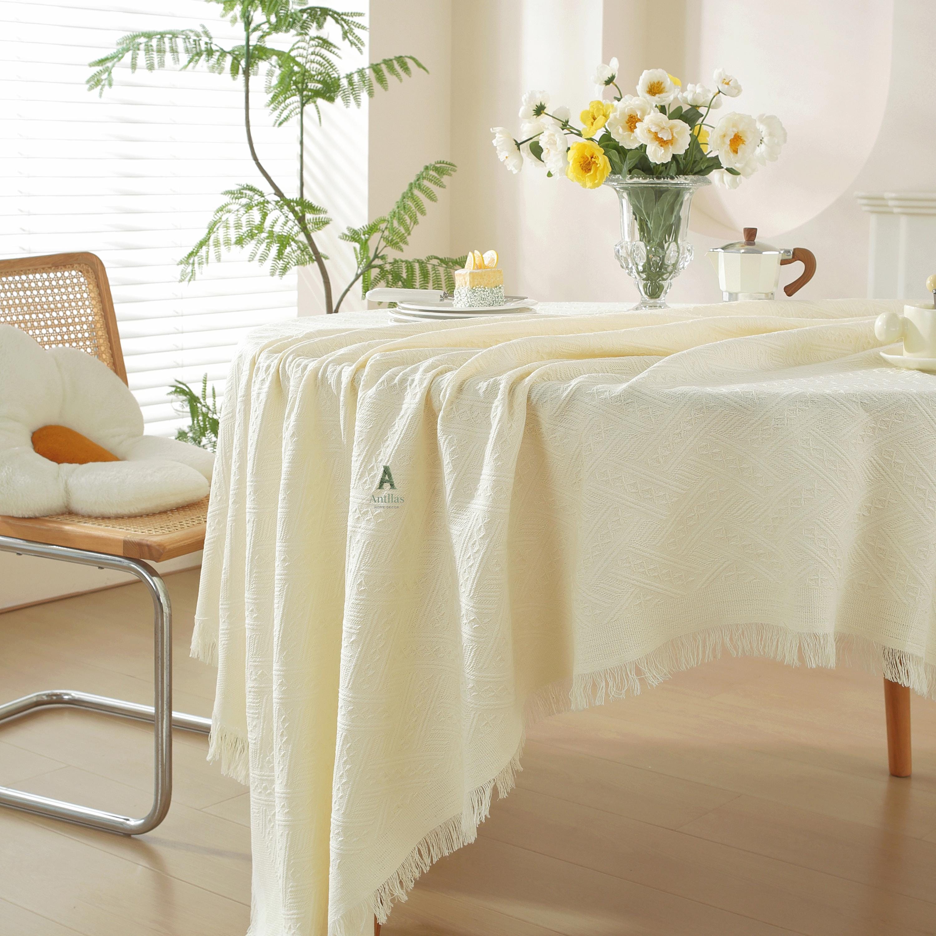 Woven Cotton Tablecloth, Rustic Farmhouse Table Cover, Rectangular Dining Cover