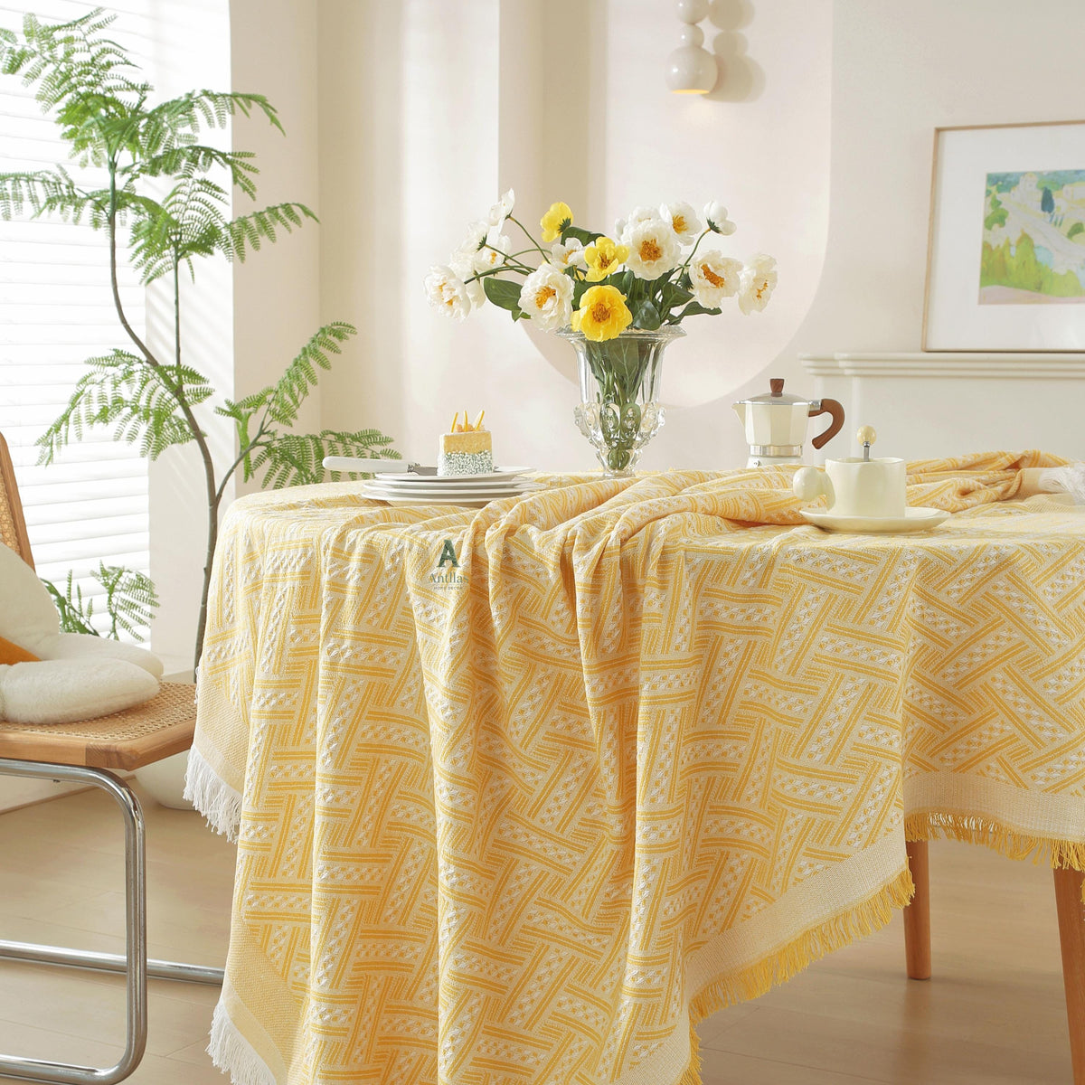 Woven Cotton Tablecloth, Rustic Farmhouse Table Cover, Rectangular Dining Cover