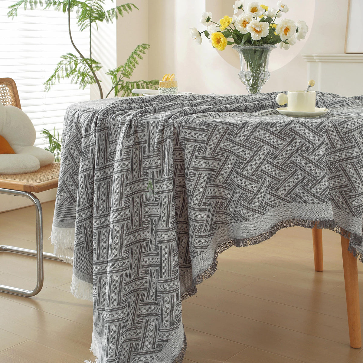 Woven Cotton Tablecloth, Rustic Farmhouse Table Cover, Rectangular Dining Cover