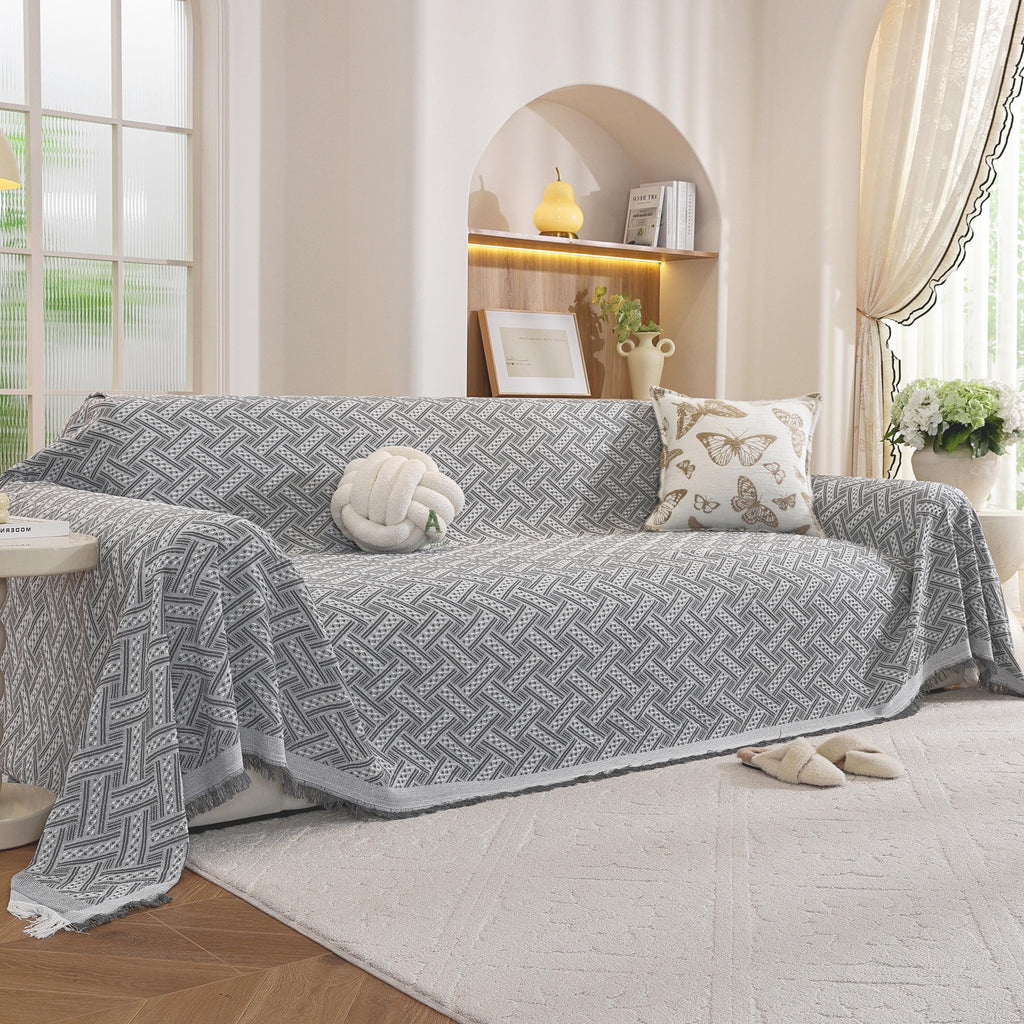 Geometric Cotton Sofa Cover, Woven Sectional Throw, Washable Slipcover, Pet Friendly Protector