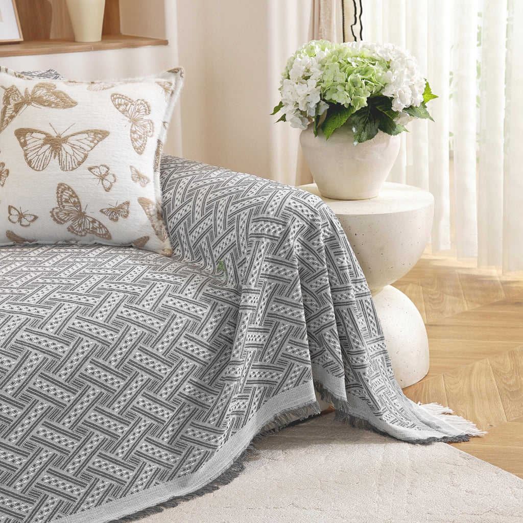 Geometric Cotton Sofa Cover, Woven Sectional Throw, Washable Slipcover, Pet Friendly Protector