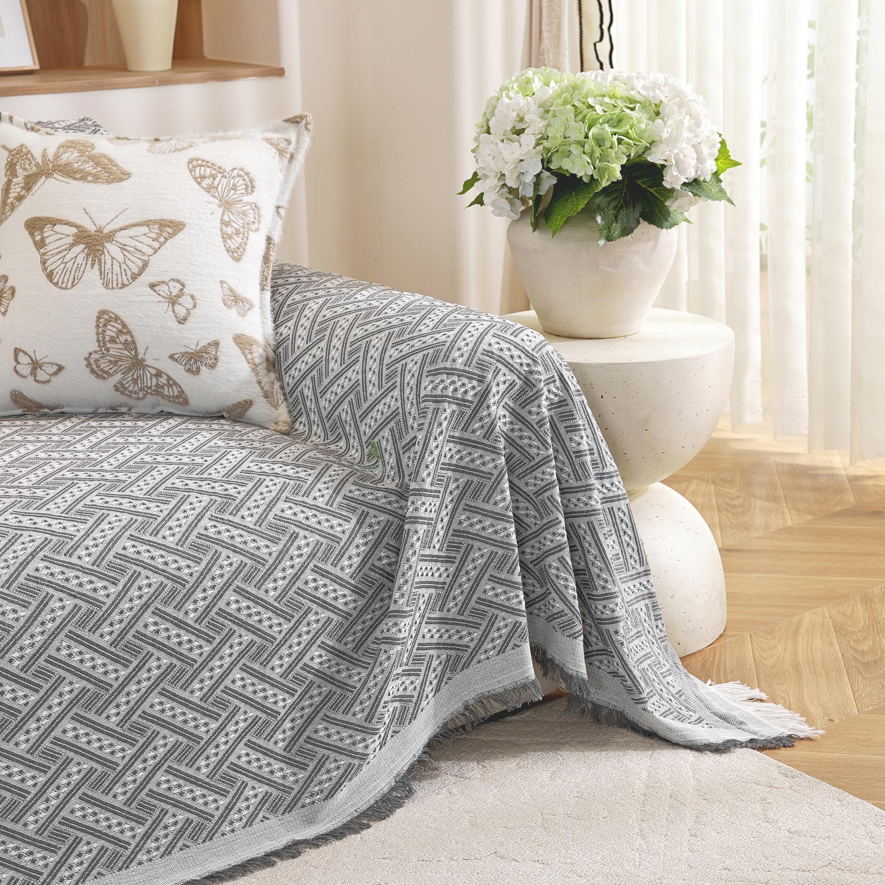 Geometric Cotton Sofa Cover, Woven Sectional Throw, Washable Slipcover, Pet Friendly Protector