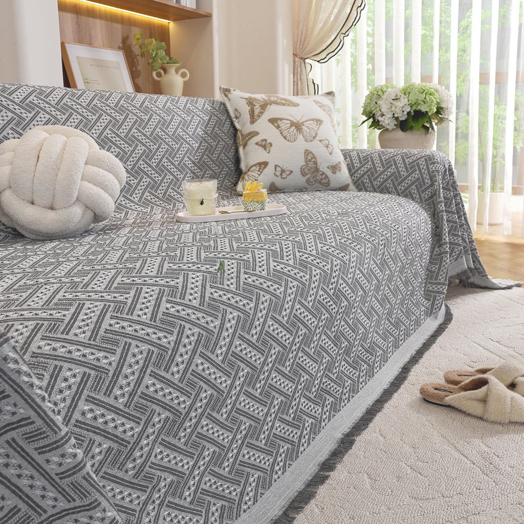 Geometric Cotton Sofa Cover, Woven Sectional Throw, Washable Slipcover, Pet Friendly Protector