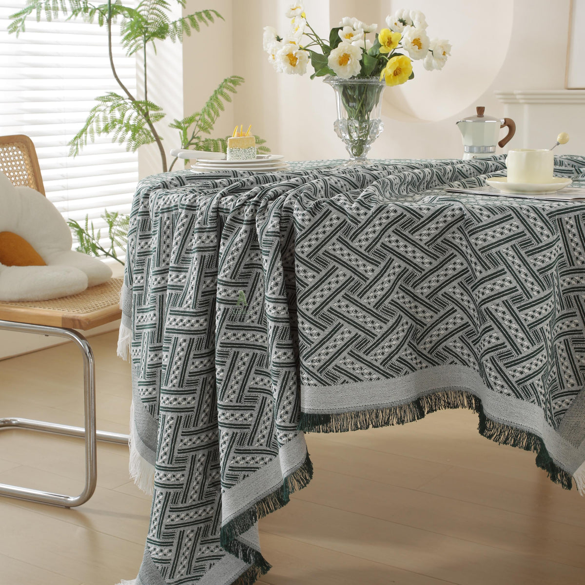 Woven Cotton Tablecloth, Rustic Farmhouse Table Cover, Rectangular Dining Cover