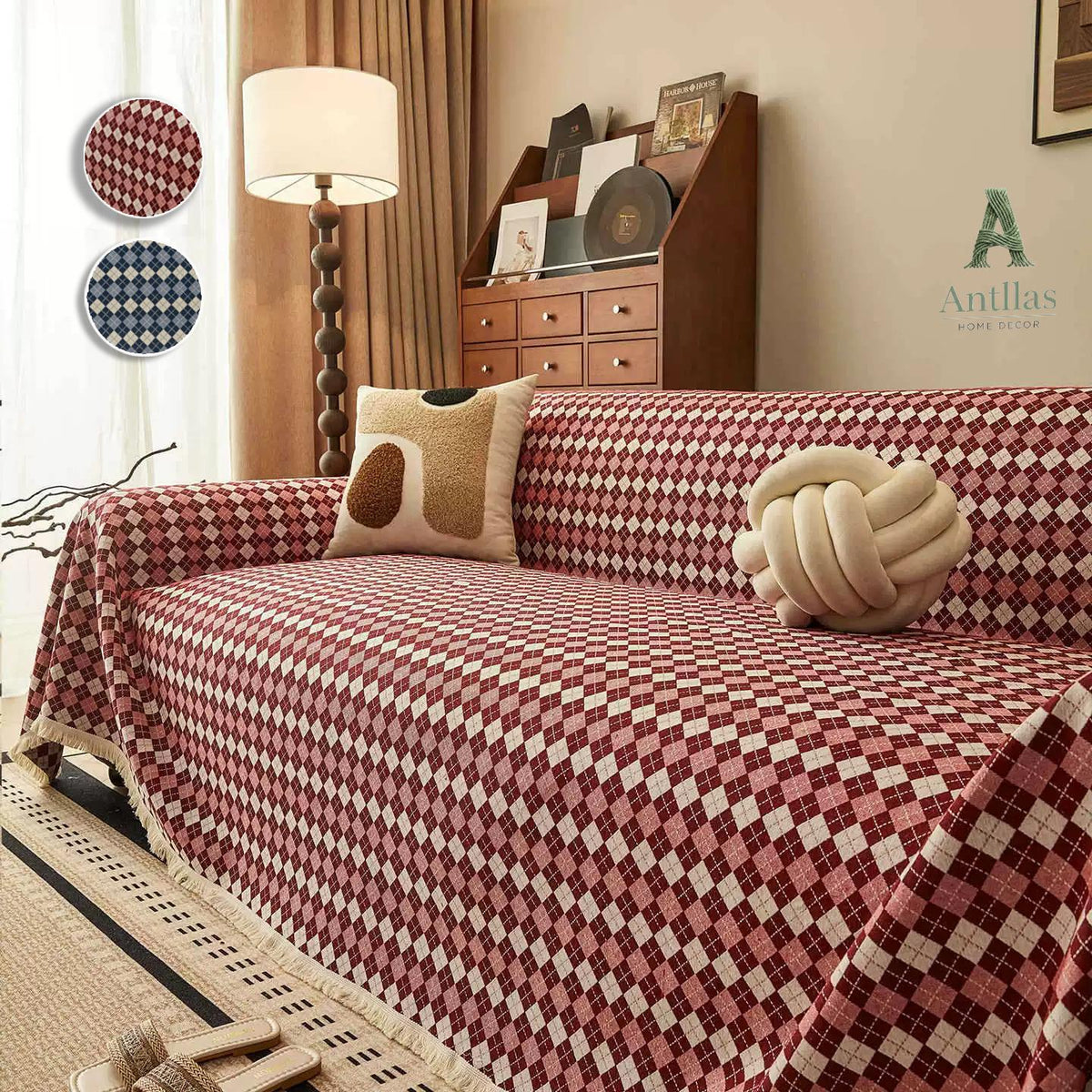 Argyle Cotton Linen Sofa Throw, Vintage Checkered Couch Cover, Pet Protector