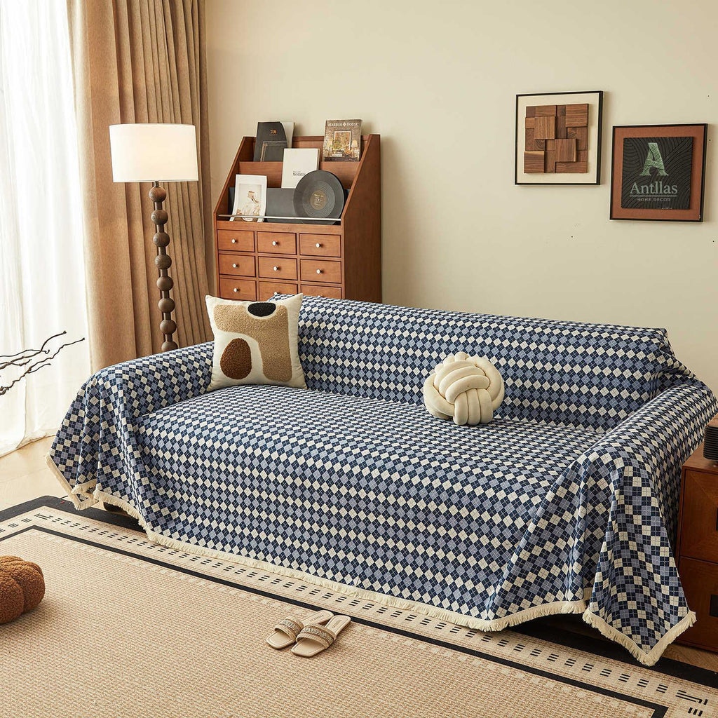 Argyle Cotton Linen Sofa Throw, Vintage Checkered Couch Cover, Pet Protector