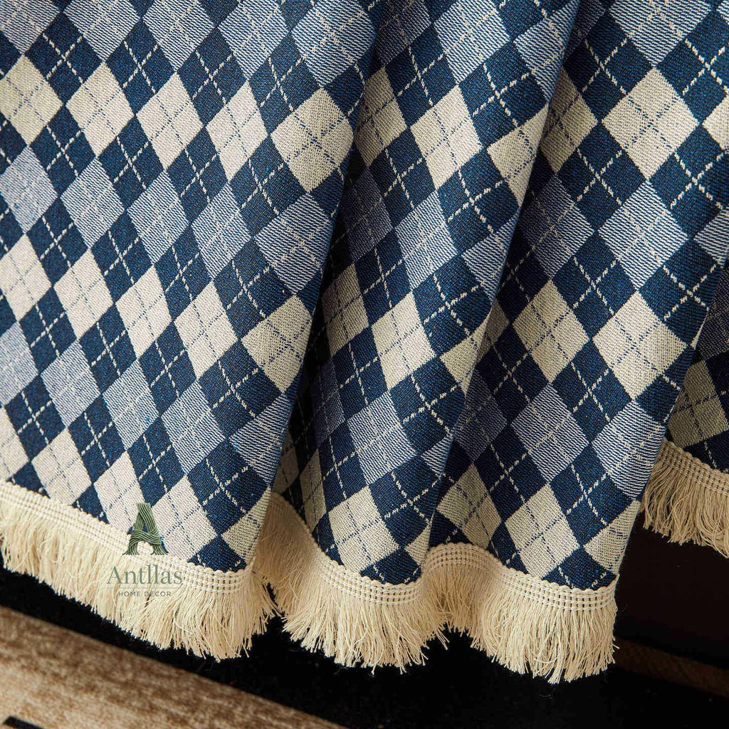 Argyle Cotton Linen Sofa Throw, Vintage Checkered Couch Cover, Pet Protector