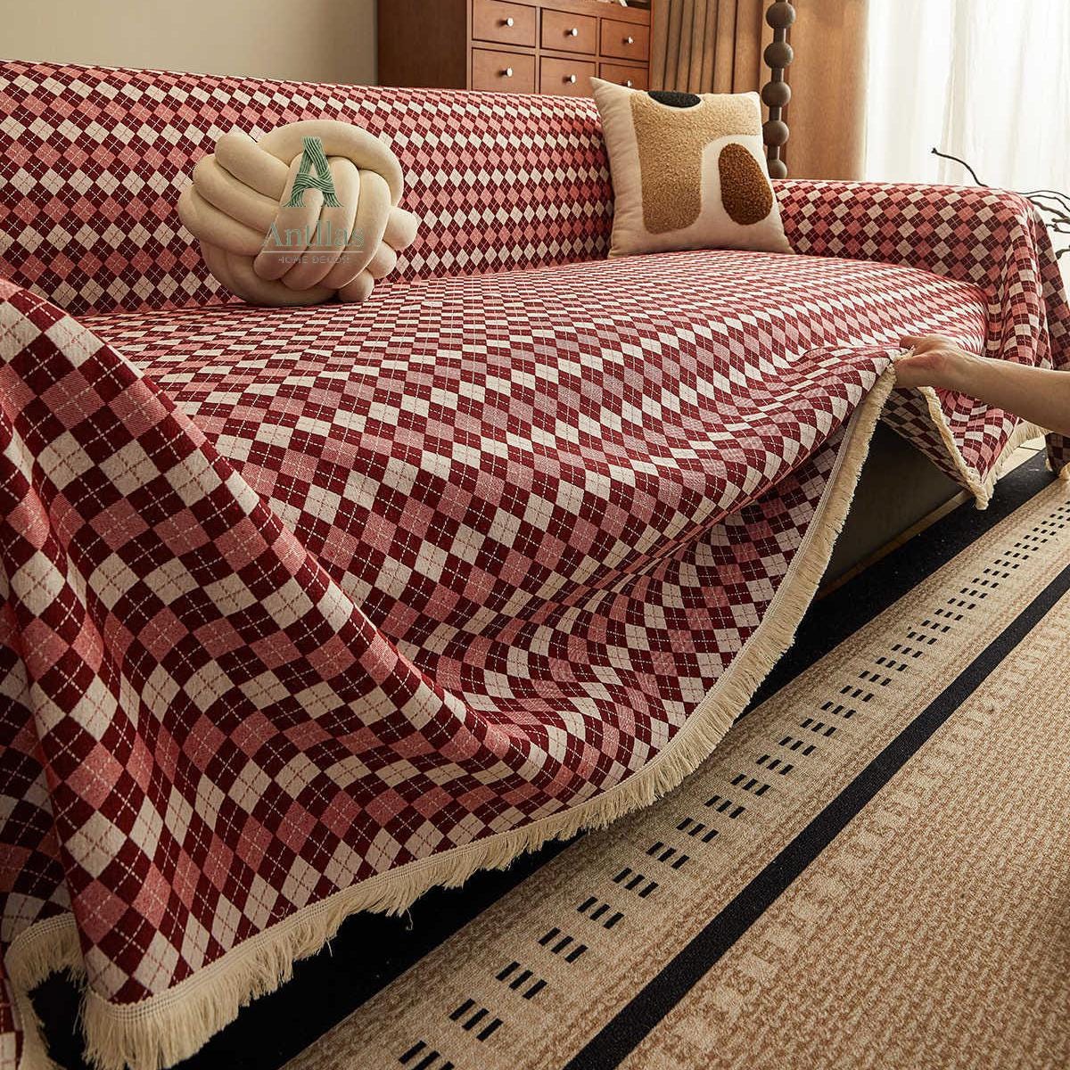Argyle Cotton Linen Sofa Throw, Vintage Checkered Couch Cover, Pet Protector