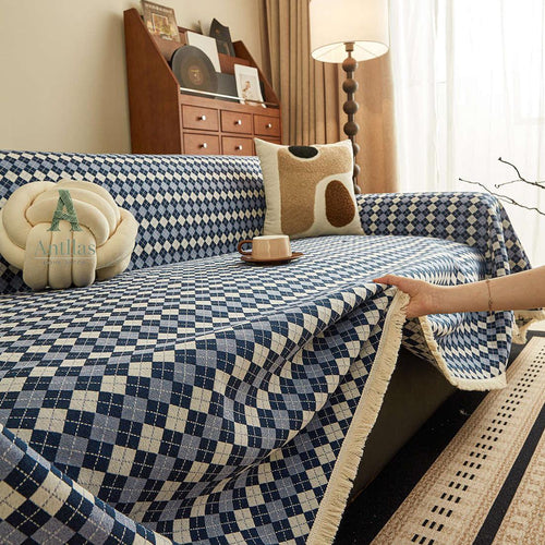 Argyle Cotton Linen Sofa Throw, Vintage Checkered Couch Cover, Pet Protector