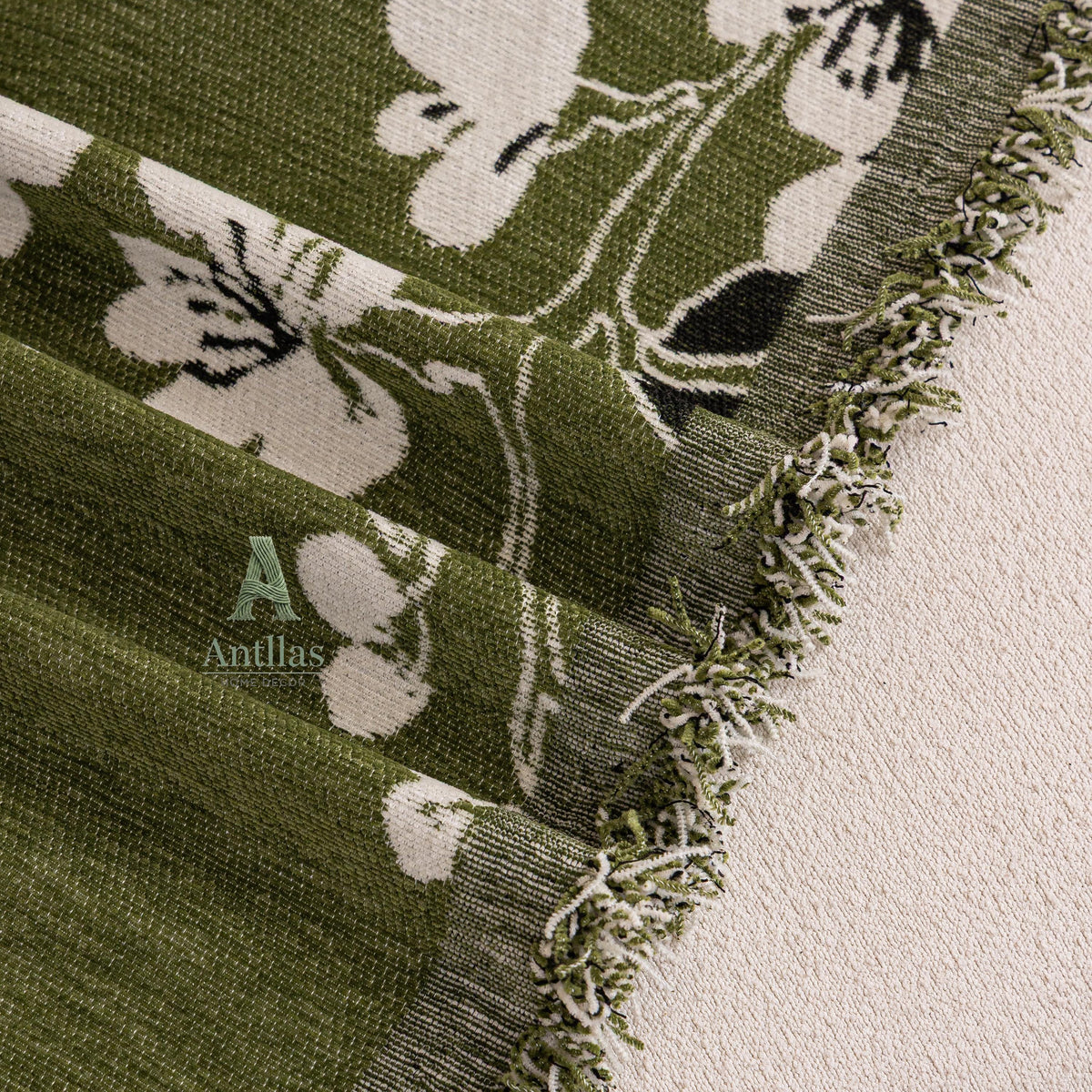 Chenille Floral Sofa Cover with Tassels, Green Botanical Throw