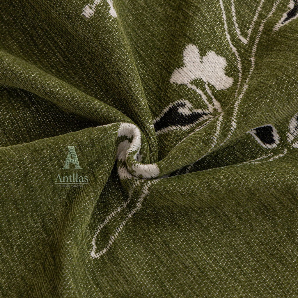 Chenille Floral Sofa Cover with Tassels, Green Botanical Throw