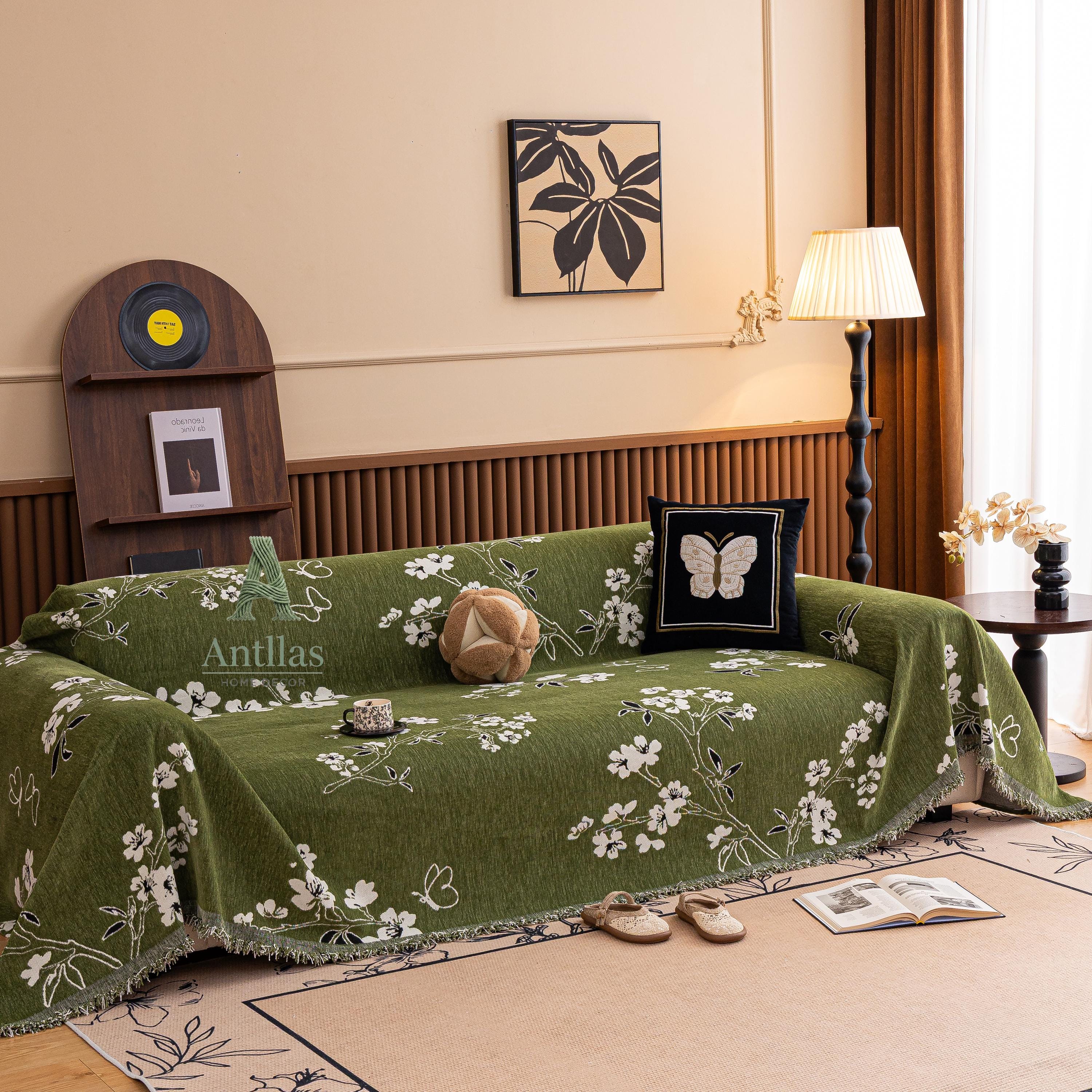 Chenille Floral Sofa Cover with Tassels, Green Botanical Throw