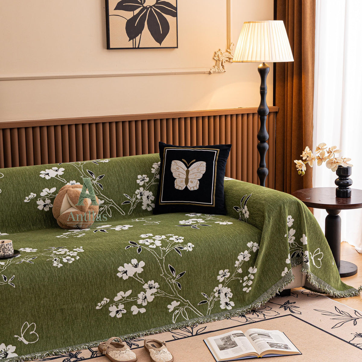 Chenille Floral Sofa Cover with Tassels, Green Botanical Throw