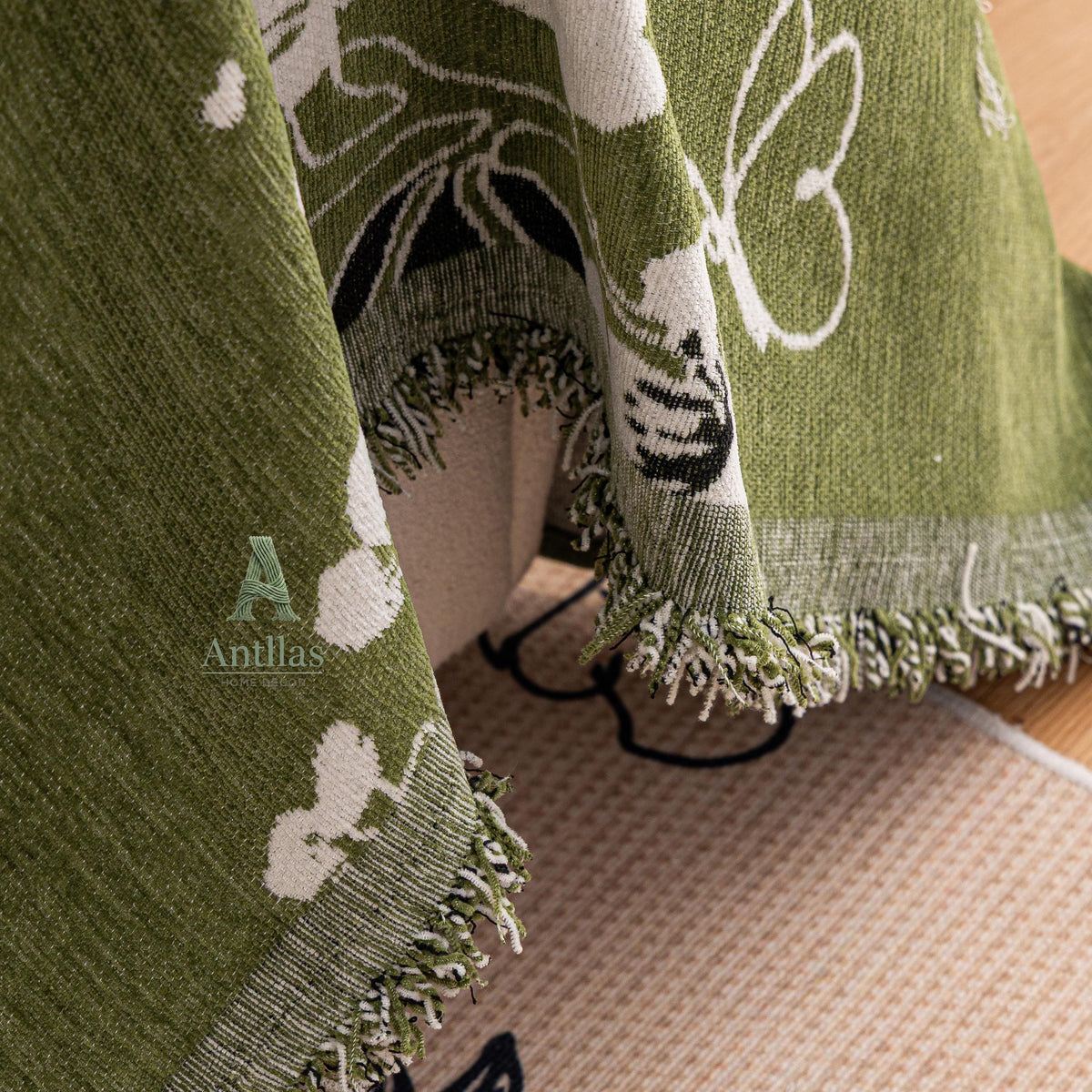 Chenille Floral Sofa Cover with Tassels, Green Botanical Throw