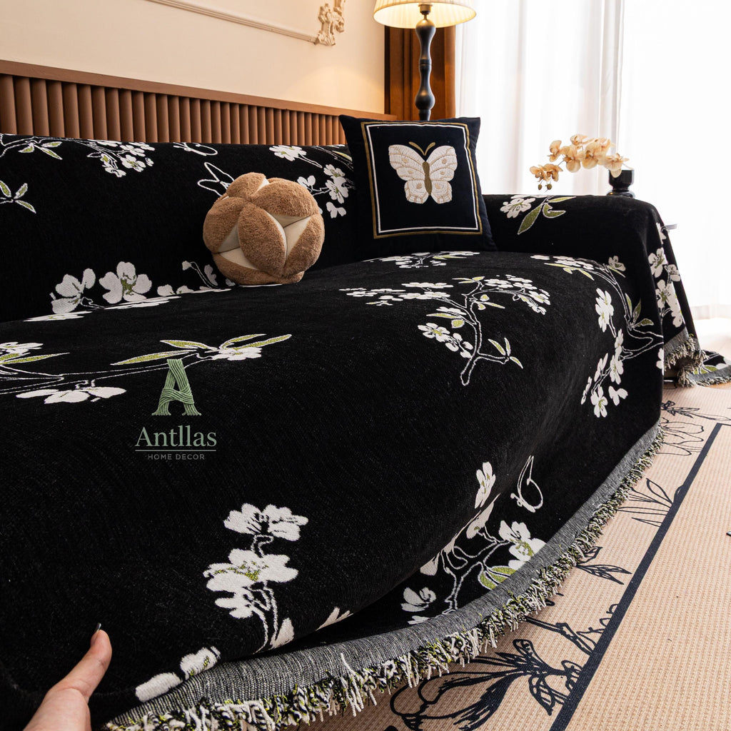 Chenille Floral Sofa Cover with Tassels, Green Botanical Throw