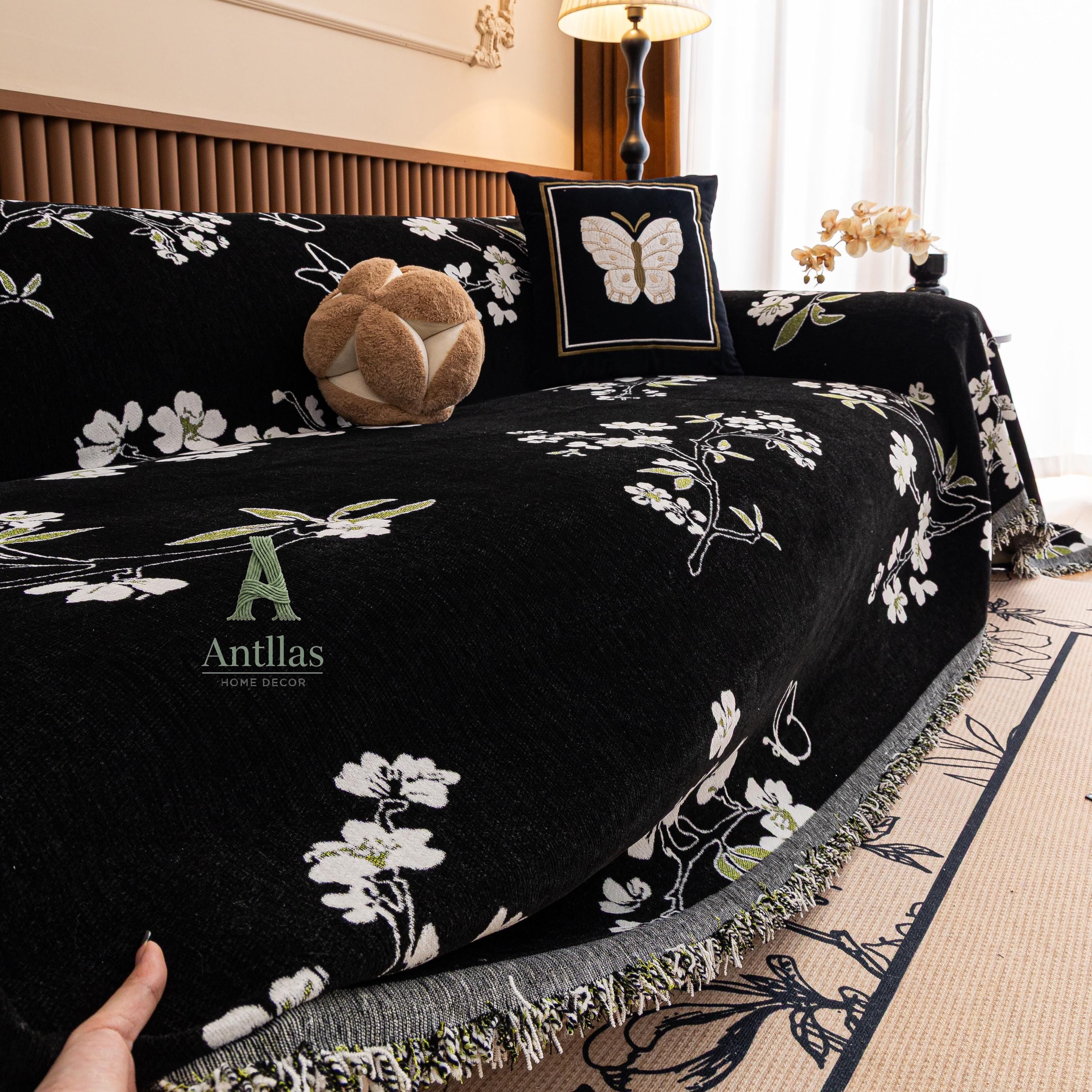 Chenille Floral Sofa Cover with Tassels, Green Botanical Throw