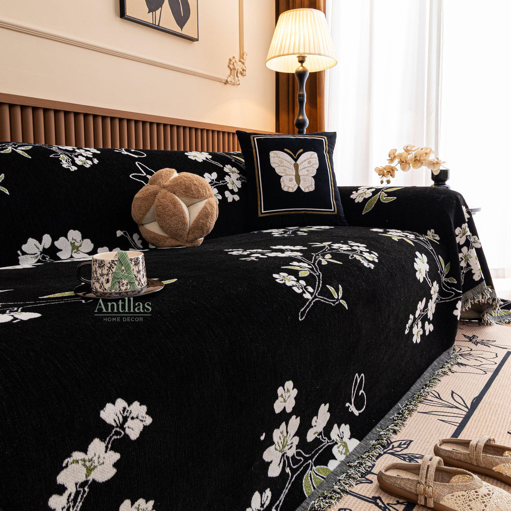 Chenille Floral Sofa Cover with Tassels, Green Botanical Throw