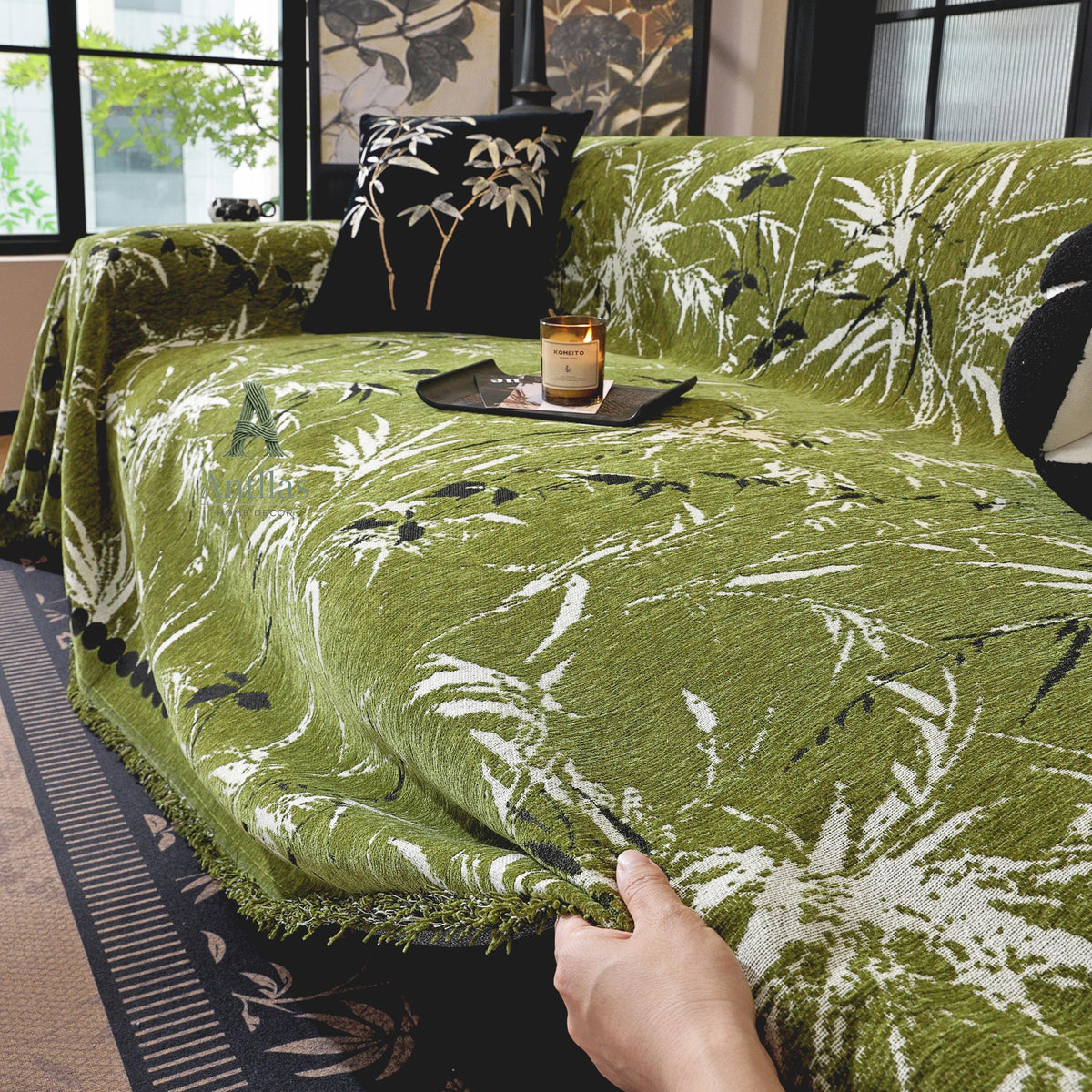 Bamboo Chenille Sofa Cover, Japandi Zen Throw, Botanical Furniture Protector
