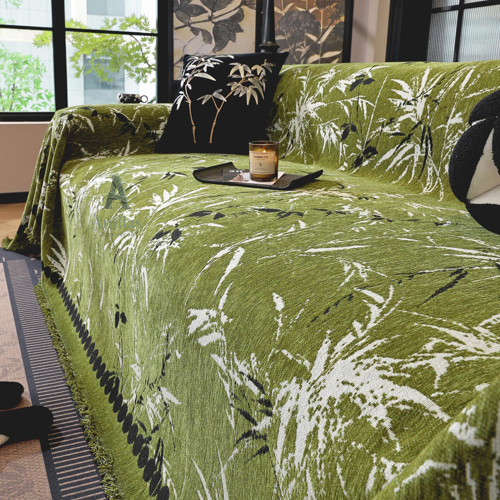 Bamboo Chenille Sofa Cover, Japandi Zen Throw, Botanical Furniture Protector
