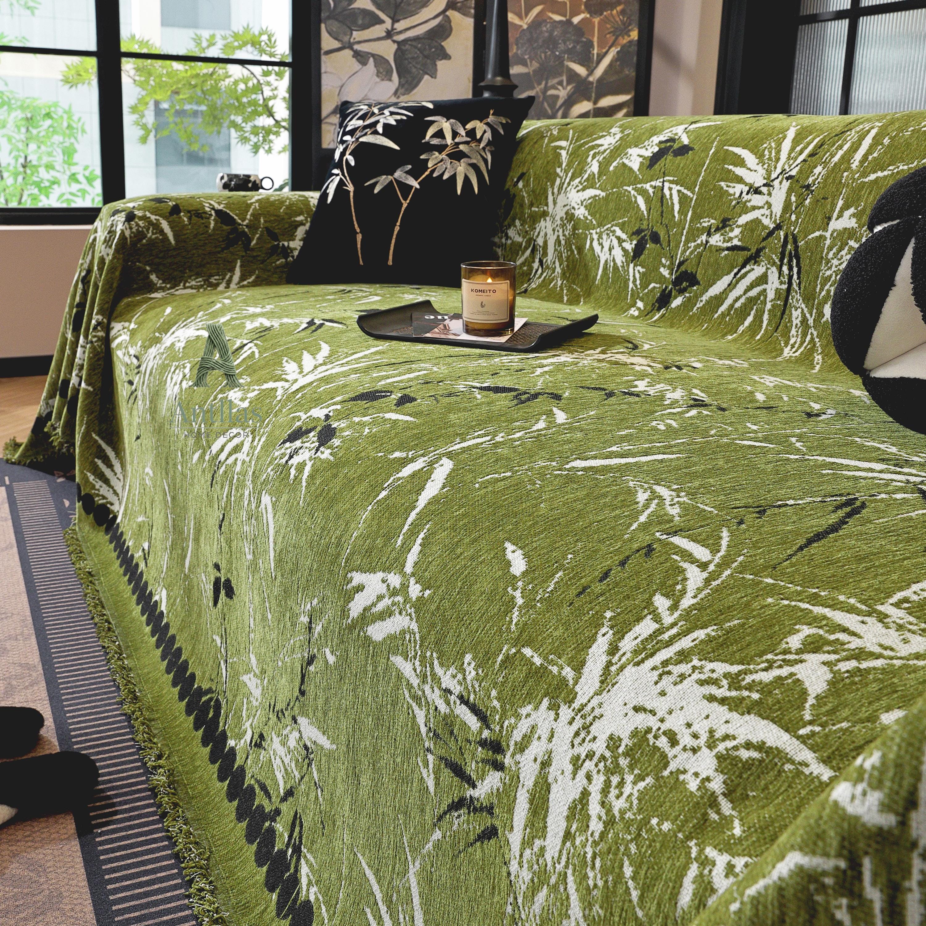 Bamboo Chenille Sofa Cover, Japandi Zen Throw, Botanical Furniture Protector