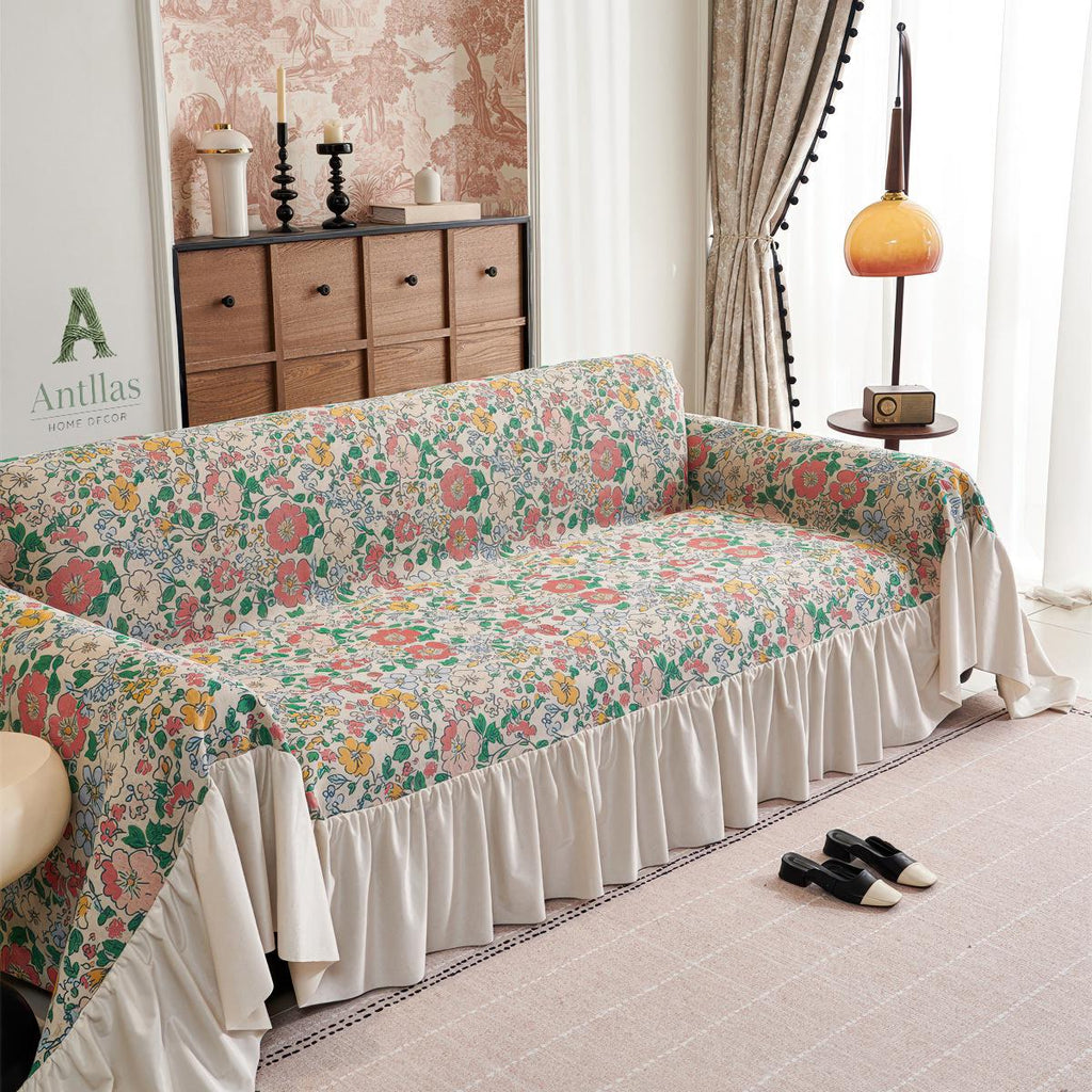 Floral Ruffle Sofa Cover, French Country Cottagecore Decor