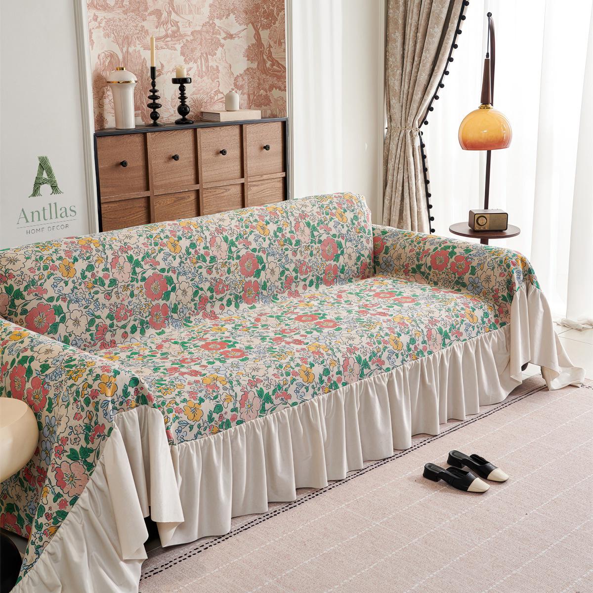 Floral Ruffle Sofa Cover, French Country Cottagecore Decor