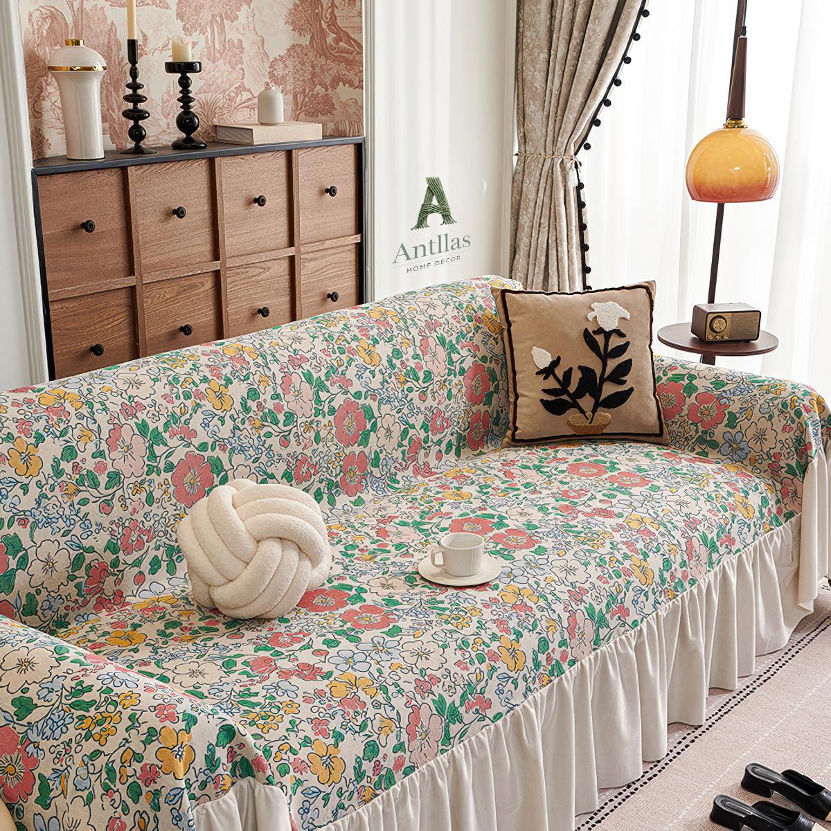 Floral Ruffle Sofa Cover, French Country Cottagecore Decor