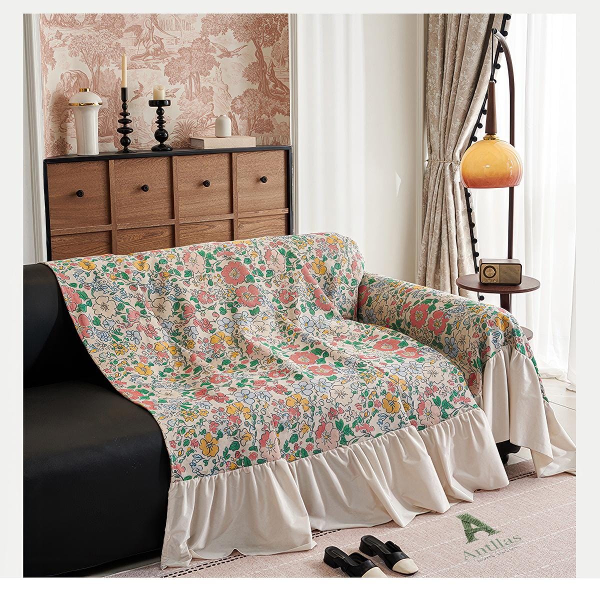 Floral Ruffle Sofa Cover, French Country Cottagecore Decor