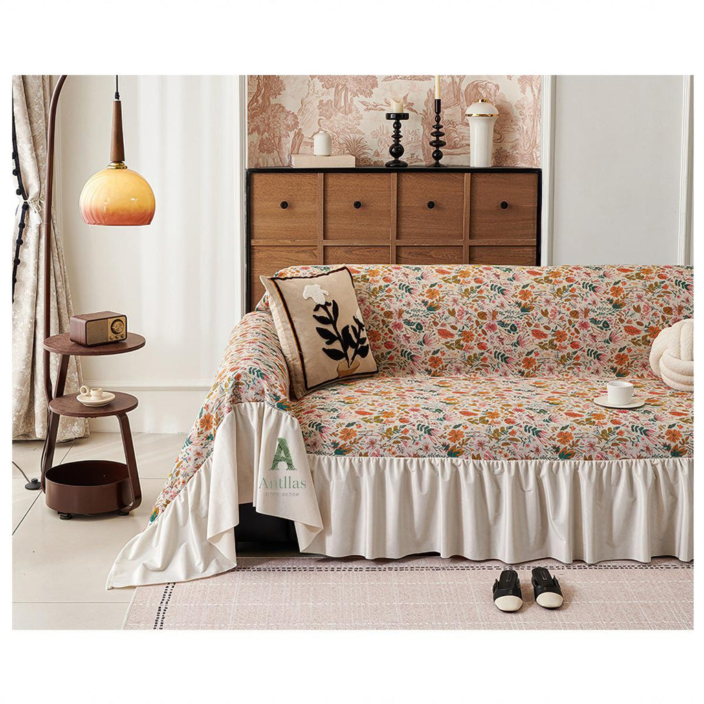 Vintage Floral Sofa Cover, Ruffled French Cottagecore Couch Throw