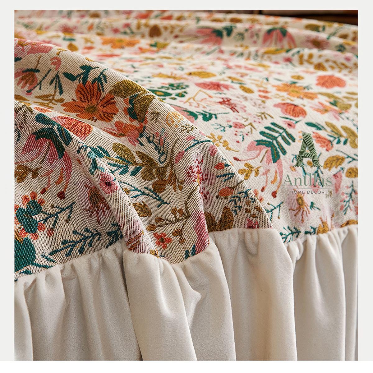 Vintage Floral Sofa Cover, Ruffled French Cottagecore Couch Throw
