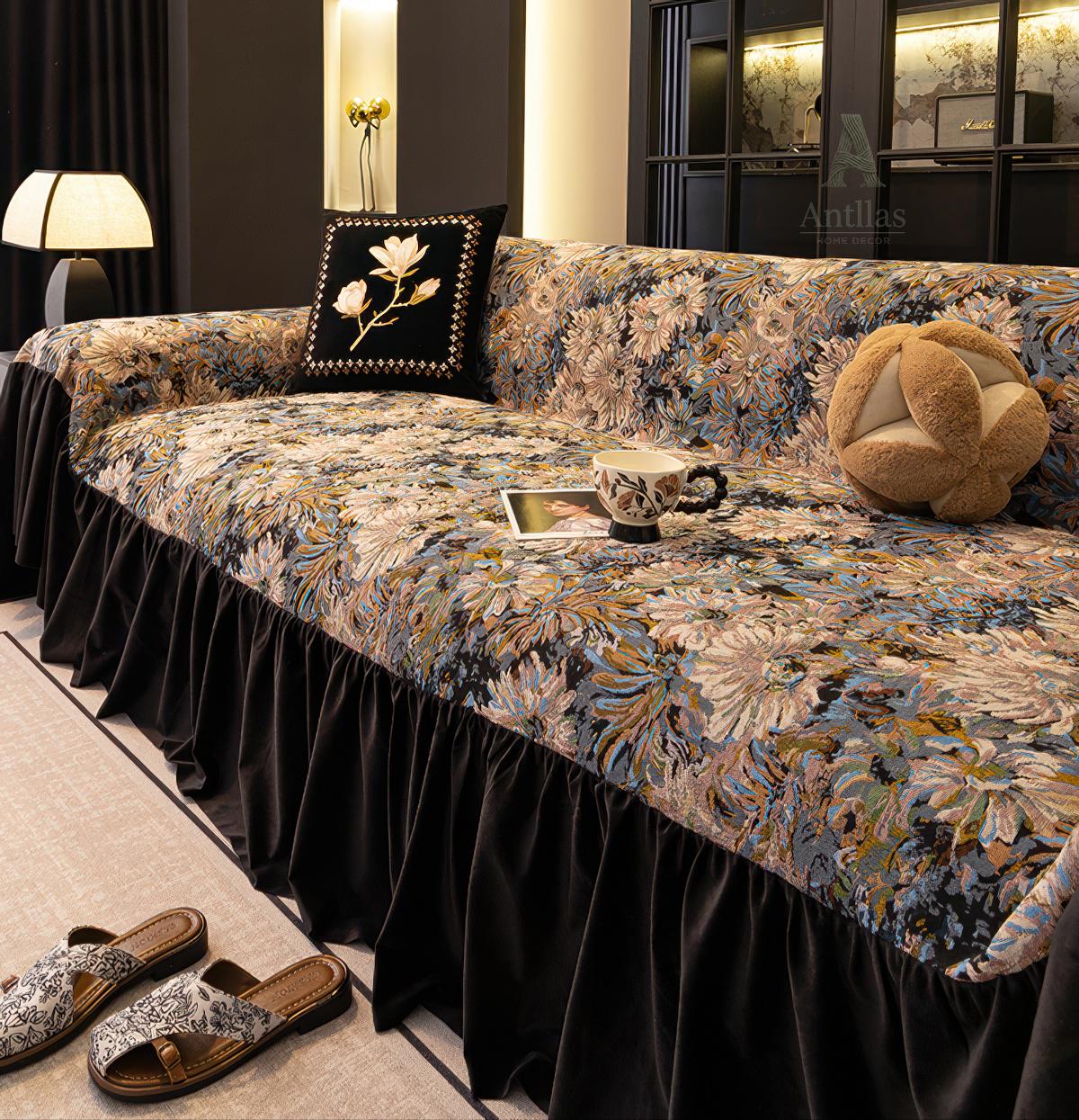 Midnight Garden Floral Sofa Cover, Black Velvet Ruffle, Dark Academia Decor