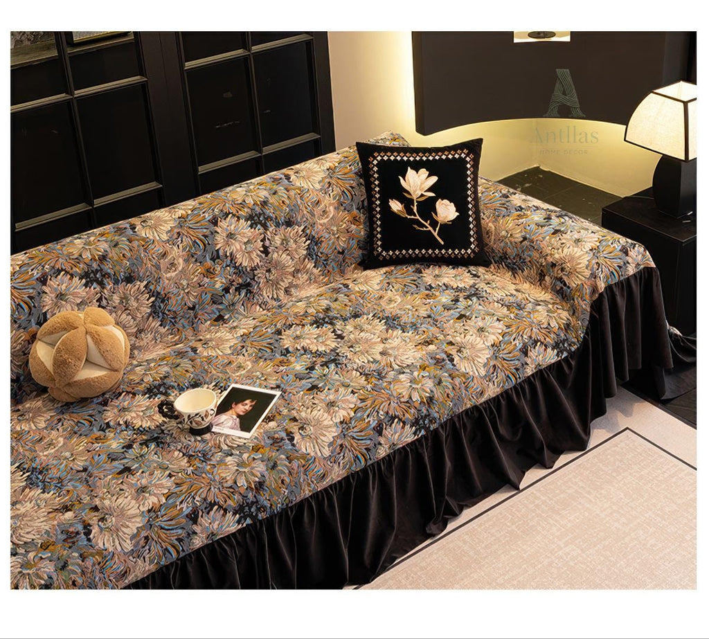 Midnight Garden Floral Sofa Cover, Black Velvet Ruffle, Dark Academia Decor