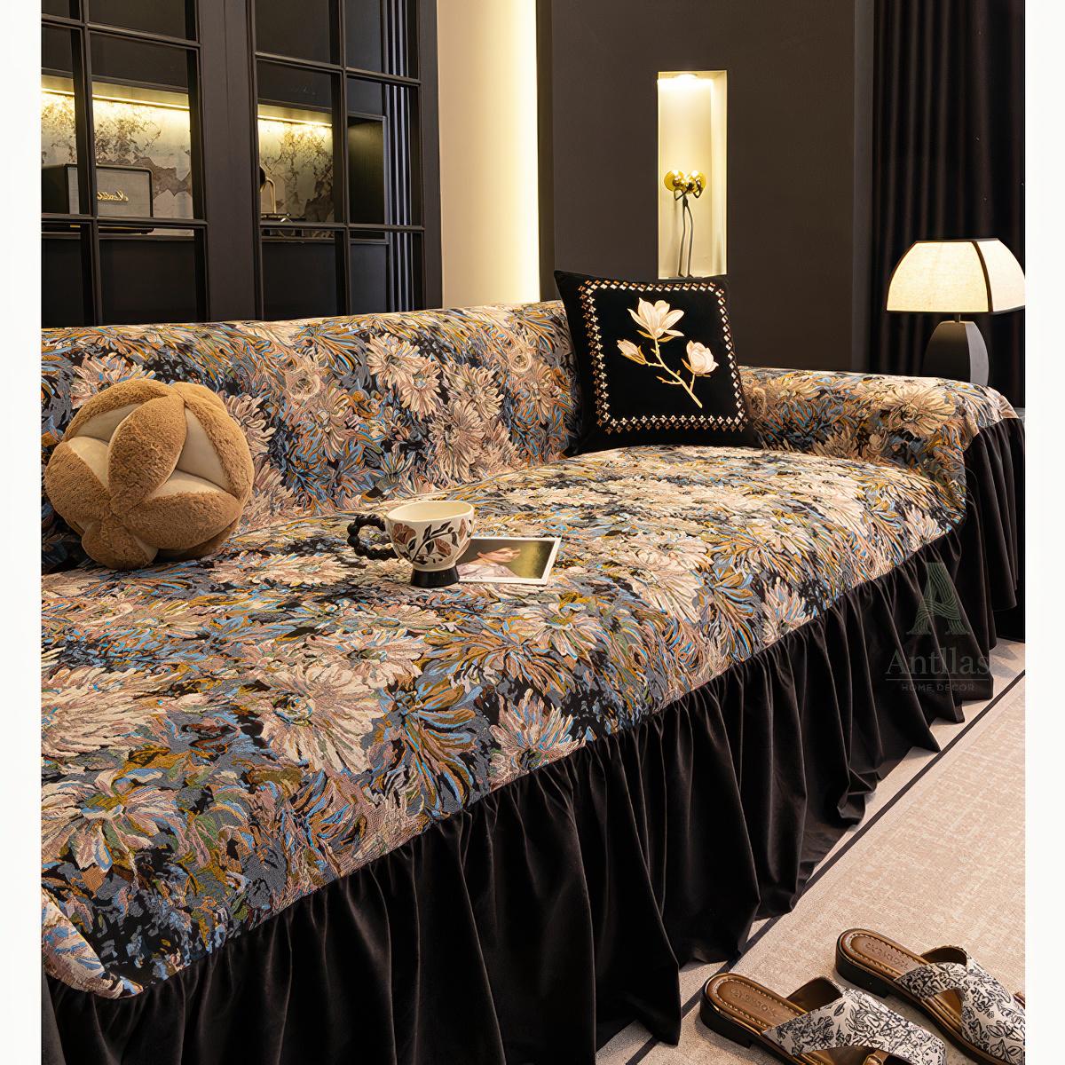 Midnight Garden Floral Sofa Cover, Black Velvet Ruffle, Dark Academia Decor