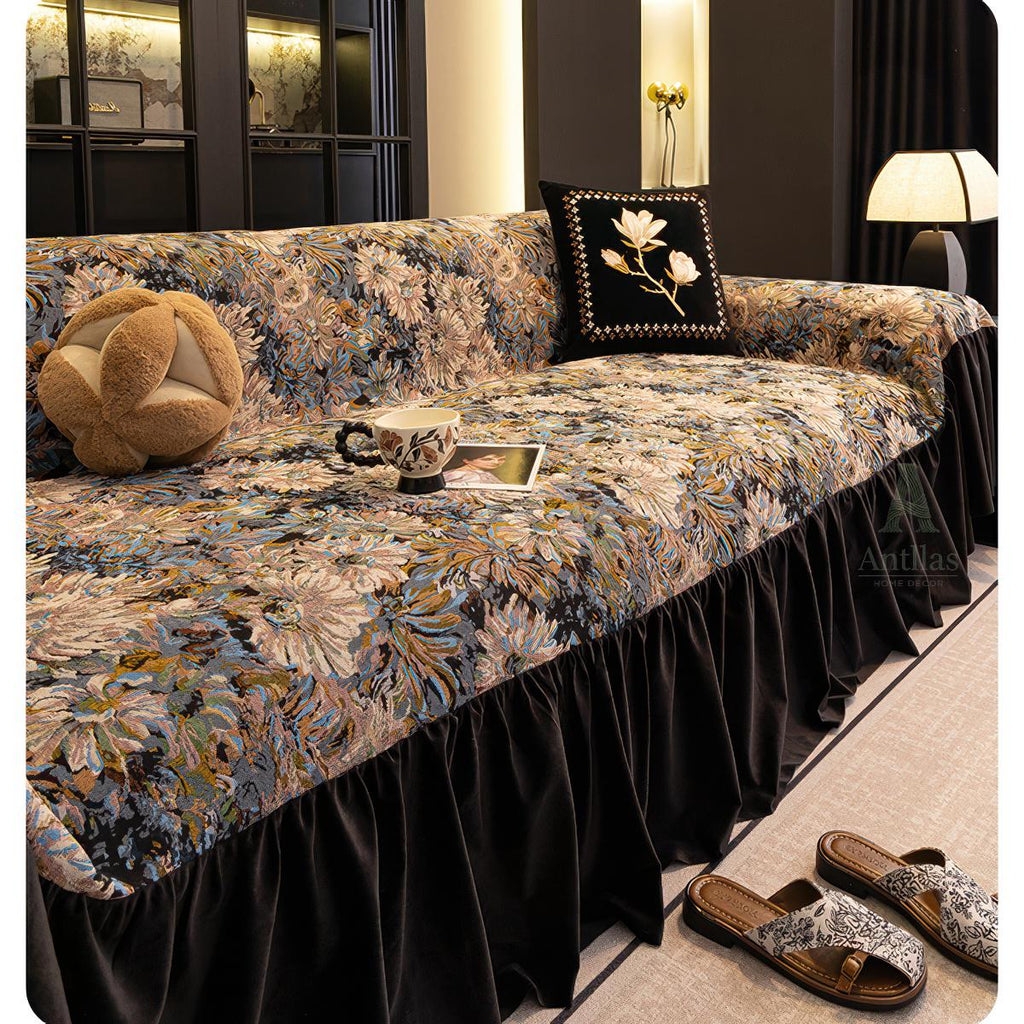 Midnight Garden Floral Sofa Cover, Black Velvet Ruffle, Dark Academia Decor