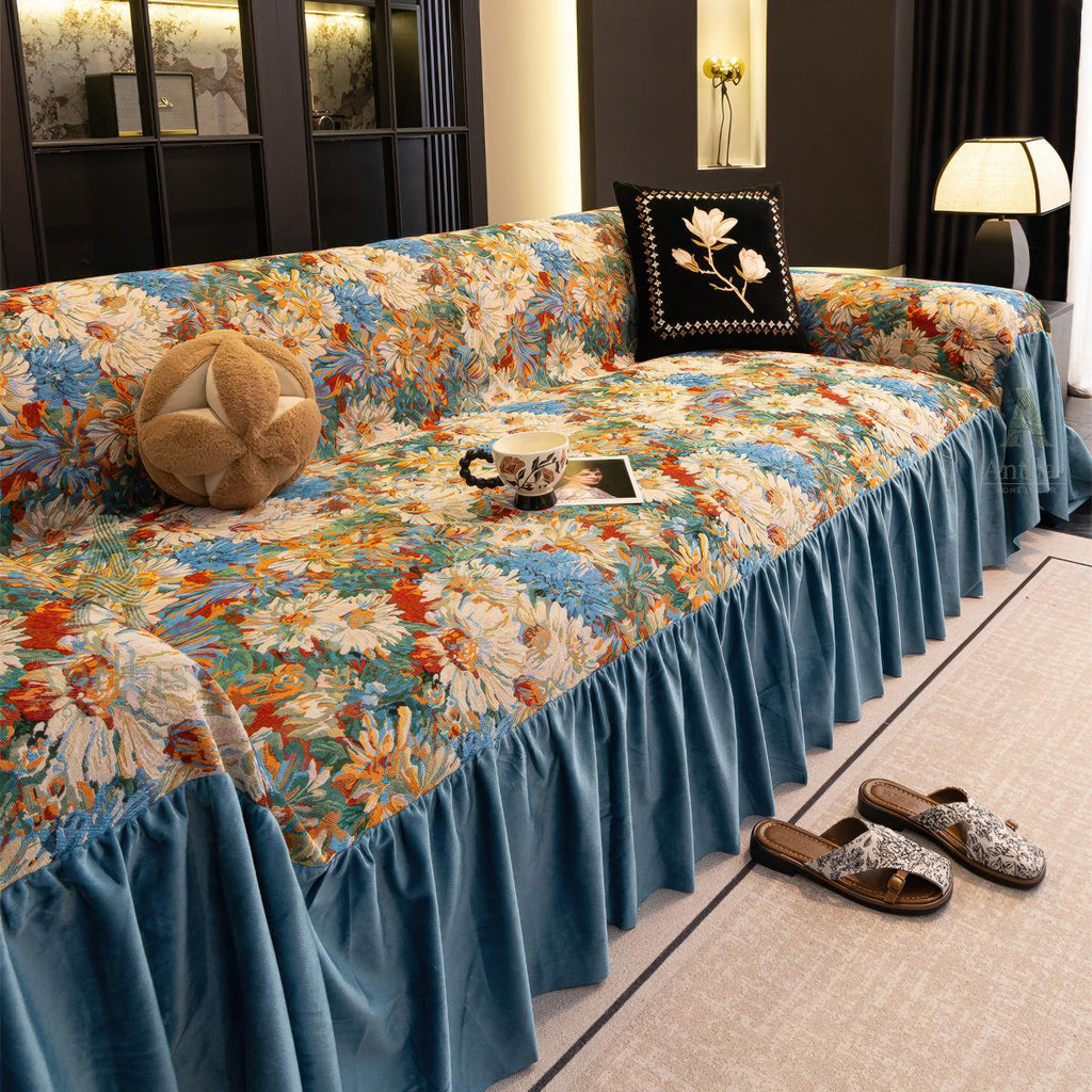 Floral Oil Painting Sofa Cover, Blue Velvet Ruffle Throw