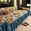 Floral Oil Painting Sofa Cover, Blue Velvet Ruffle Throw