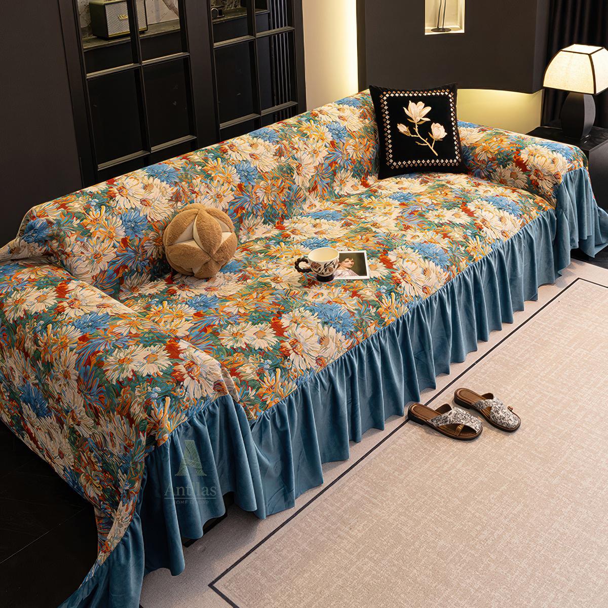 Floral Oil Painting Sofa Cover, Blue Velvet Ruffle Throw