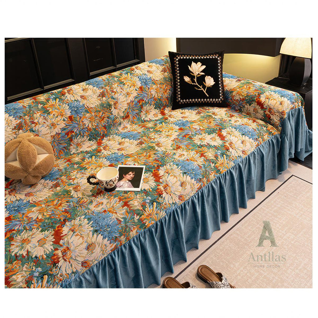Floral Oil Painting Sofa Cover, Blue Velvet Ruffle Throw