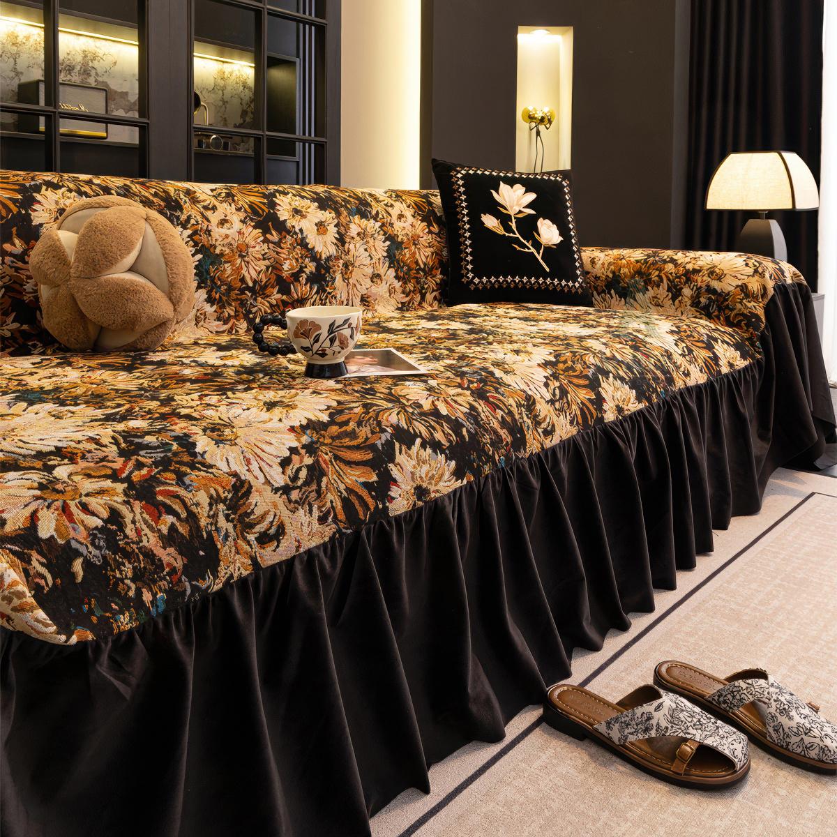 Black & Gold Floral Sofa Cover, Velvet Ruffle, Baroque Tapestry Couch Throw