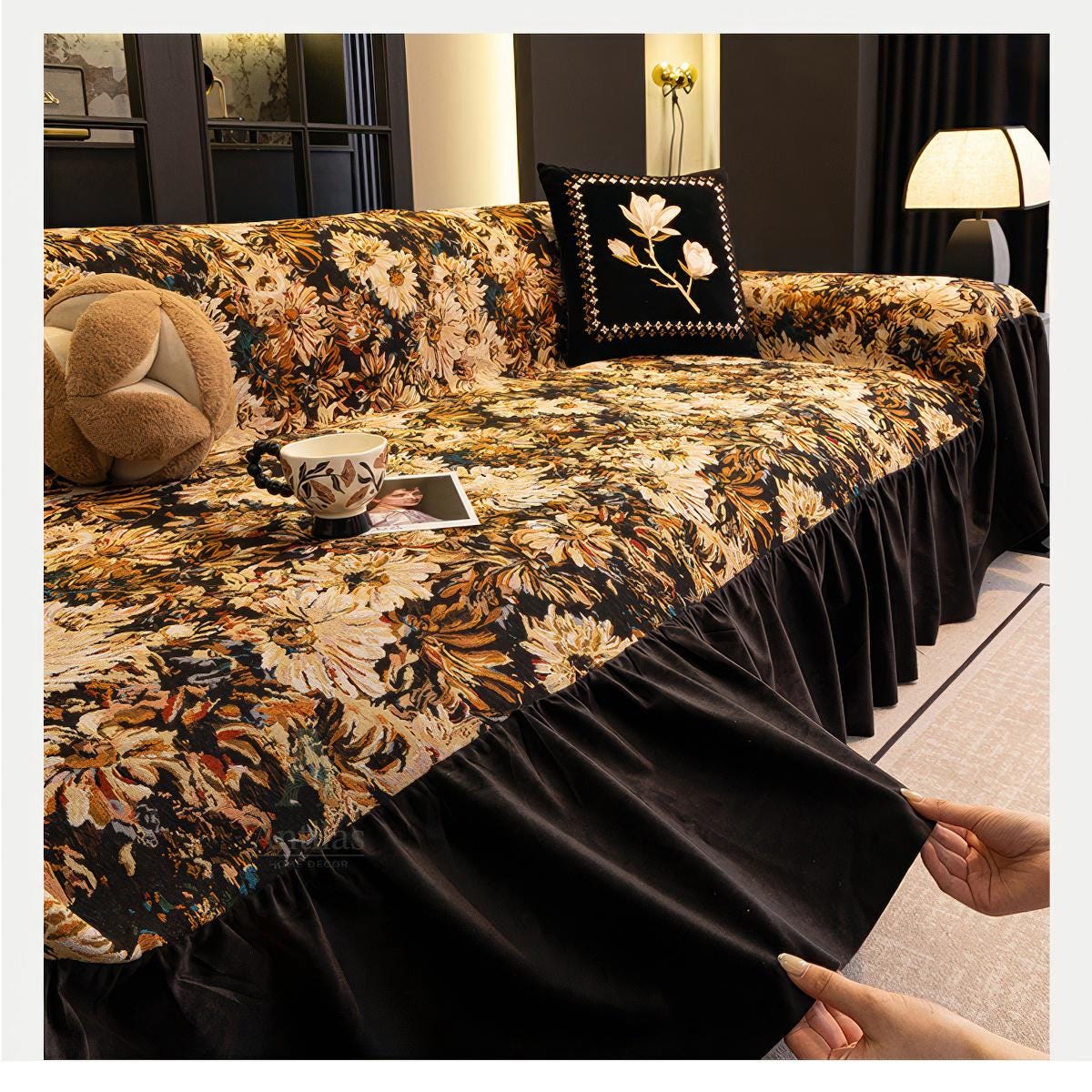 Black & Gold Floral Sofa Cover, Velvet Ruffle, Baroque Tapestry Couch Throw