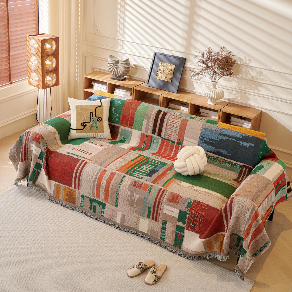 Boho Cotton Sofa Throw, Geometric Patchwork Design, Tassel Fringe