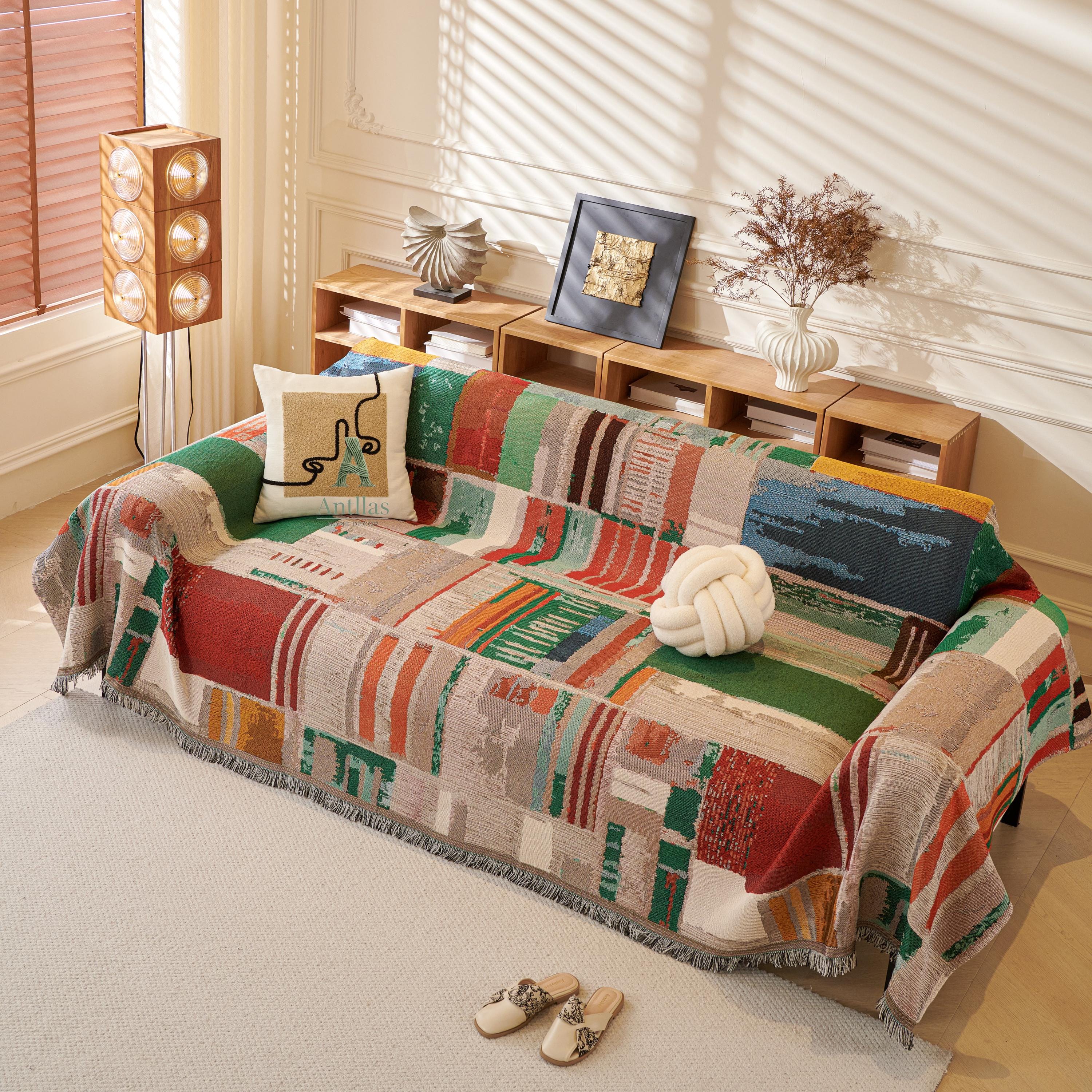 Boho Cotton Sofa Throw, Geometric Patchwork Design, Tassel Fringe