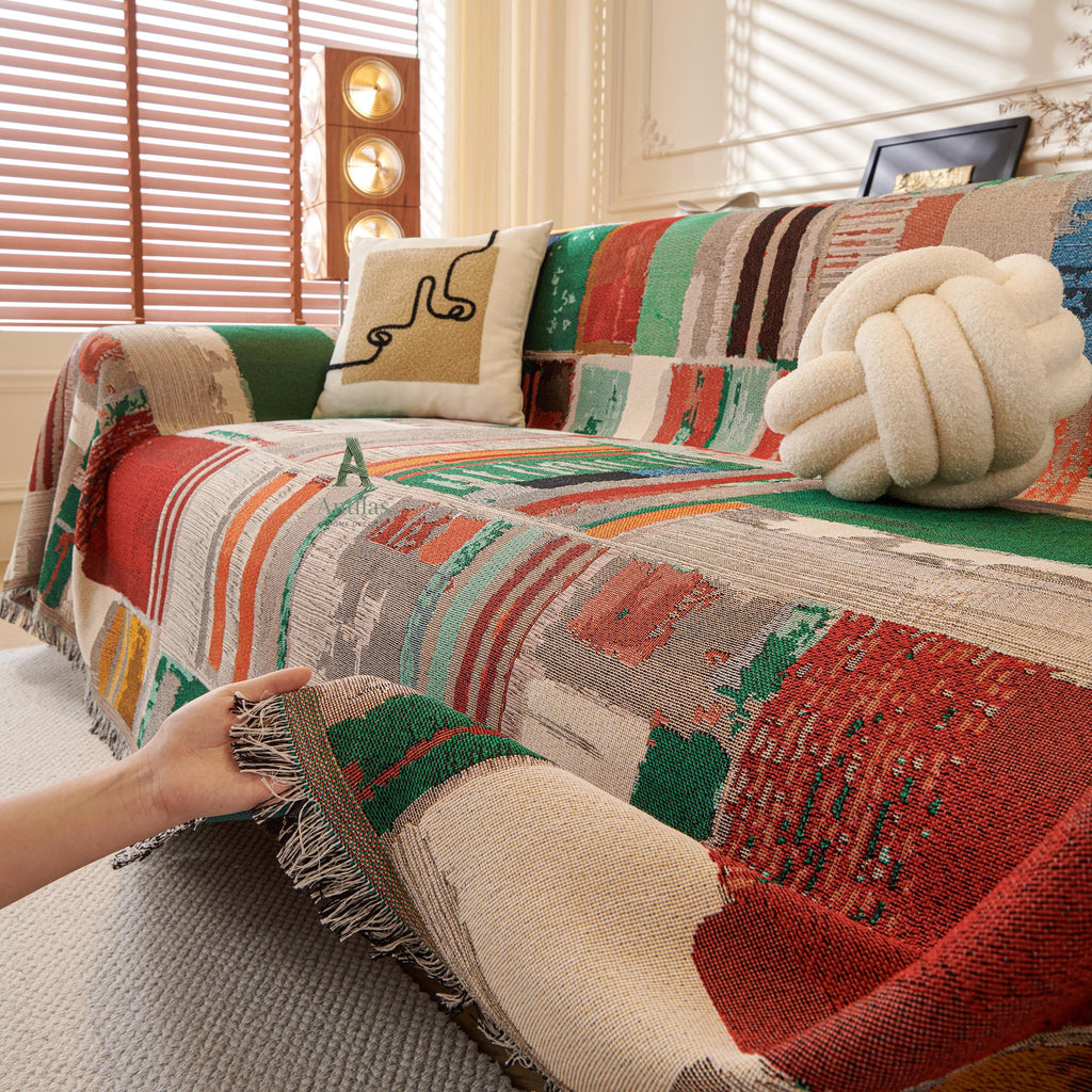 Boho Cotton Sofa Throw, Geometric Patchwork Design, Tassel Fringe