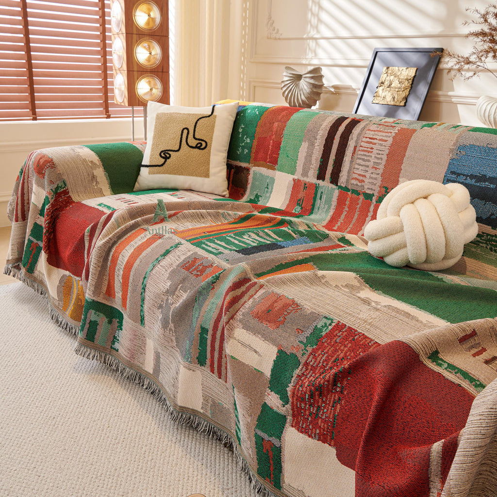 Boho Cotton Sofa Throw, Geometric Patchwork Design, Tassel Fringe