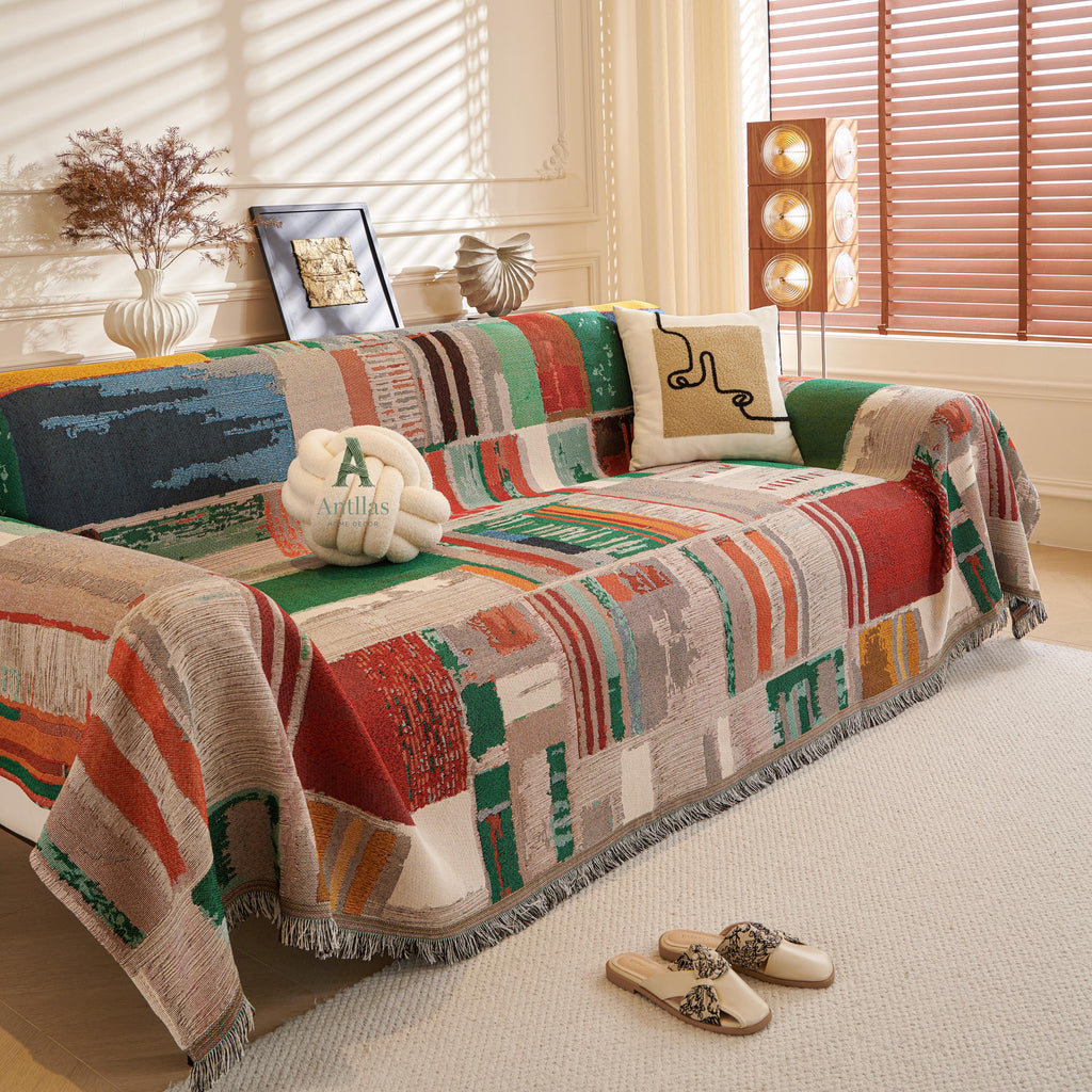 Boho Cotton Sofa Throw, Geometric Patchwork Design, Tassel Fringe